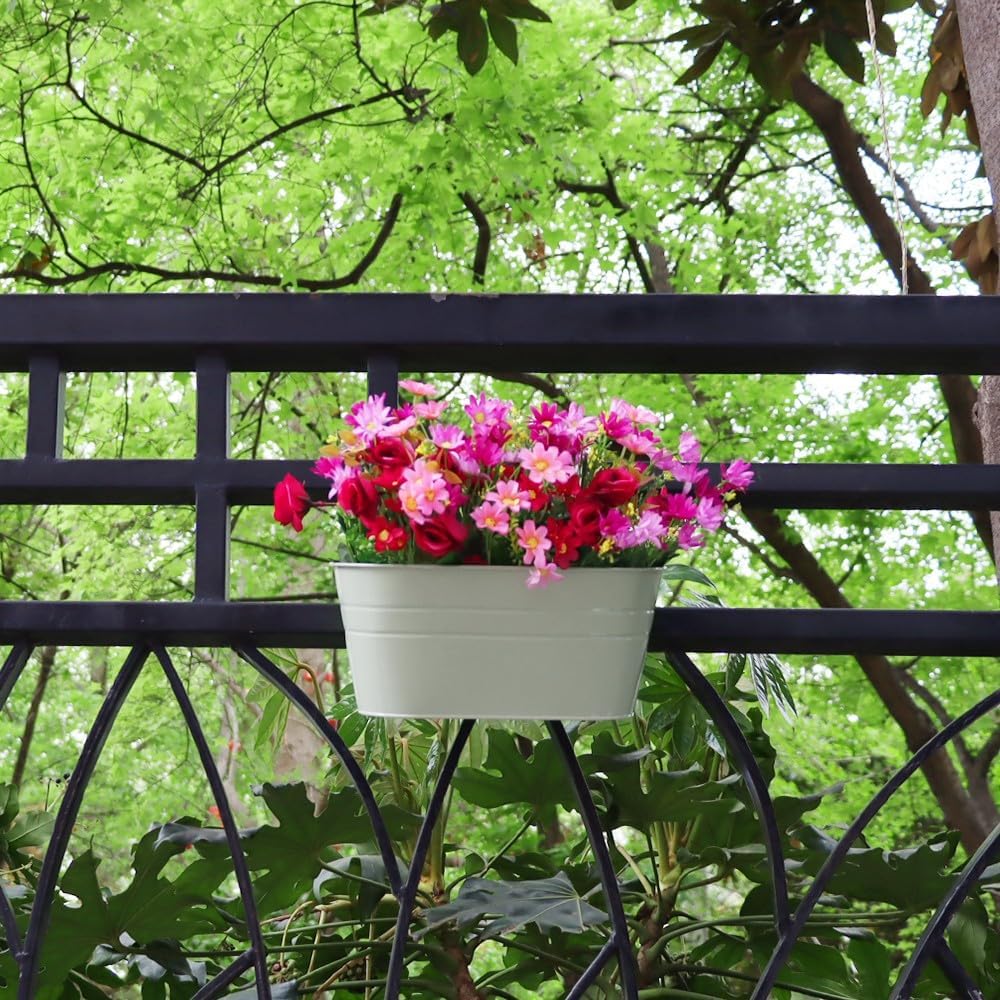 3 Pack Metal Railing Planters, 10.5" Oval Hanging Flower Pots with Detachable Hooks & Drainage Holes, Fits Rails up to 2.36", Galvanized Iron Fence Bucket for Balcony Garden Patio - Blue