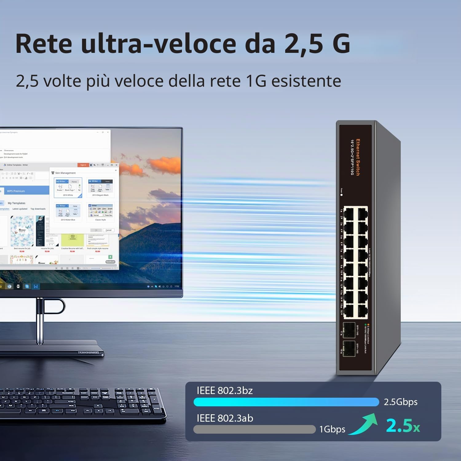 Switch Ethernet non gestito a 18 porte 2,5 G, porte RJ45 16 × 2,5 G, 2 × 10G SFP+ Uplink, supporta 100/1000/2500 Mbps, involucro metallico senza ventole, plug & play, ideale per AP wireless
