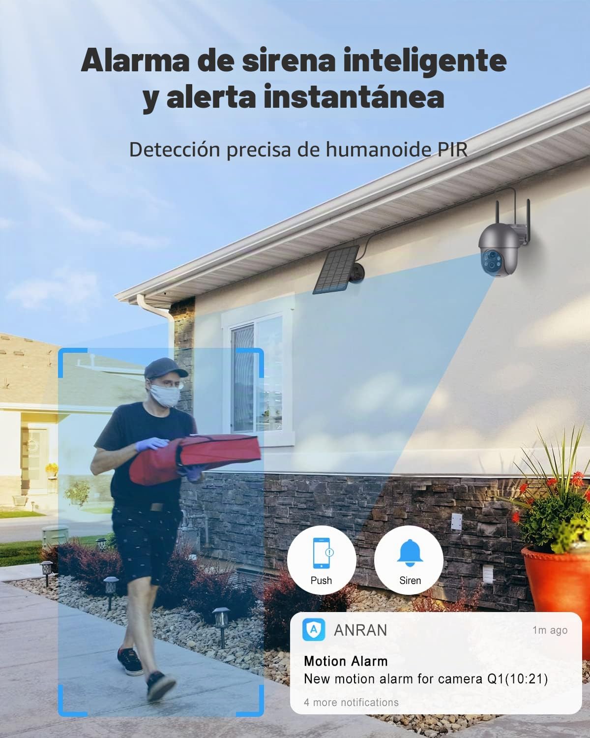 ANRAN 5MP Camara Vigilancia WiFi Exterior Solar, 360° Cámara con Bateria | PIR Humana Detección, 4 Lumières Blanches, Alarma de Luz y Sonido, WiFi 2.4 GHz, Voz de Dos Vías Compatible Alexa