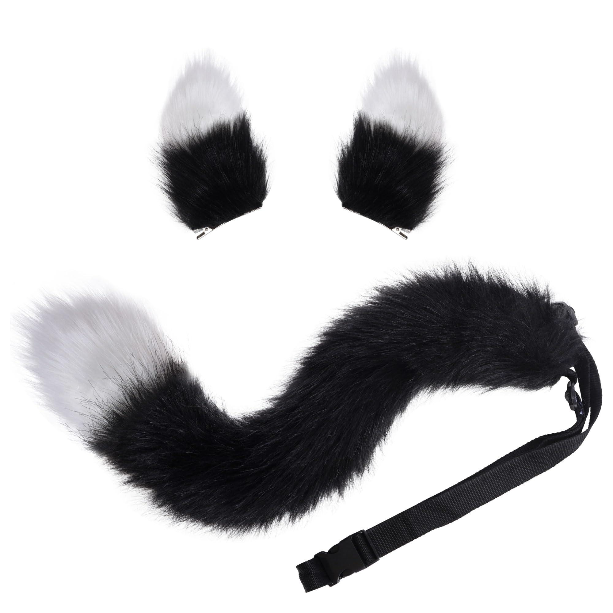 baotongle Fox Wolf Cosplay Animal Ears Tail Set: Wolf Ears & Tail Costume, Handmade, Black + White, One Size, Unisex, Cosplay Accessory, Halloween