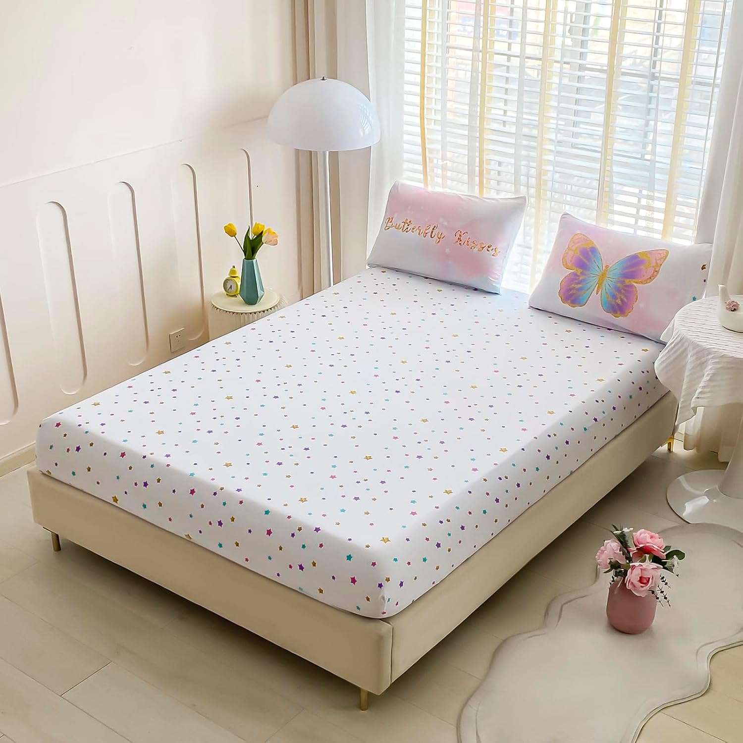 Cokouchyi Twin Size Comforter Set for Girls, 5-Piece Bed in a Bag, 3D Colorful Butterfly Bedding Comforter Sheet Set, Ultra Soft and Fluffy, Pink & Rainbow Color
