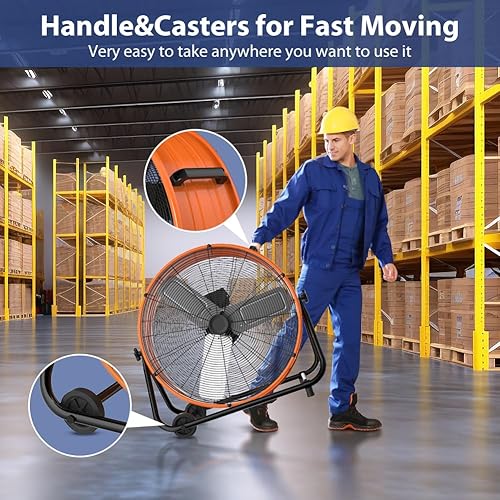 Miniatura 7 de LifePlus Ventilador de tambor industrial de 24 pulgadas, ventilador de piso de alta velocidad de 320W, ventilador de aire de metal de 3 velocidades