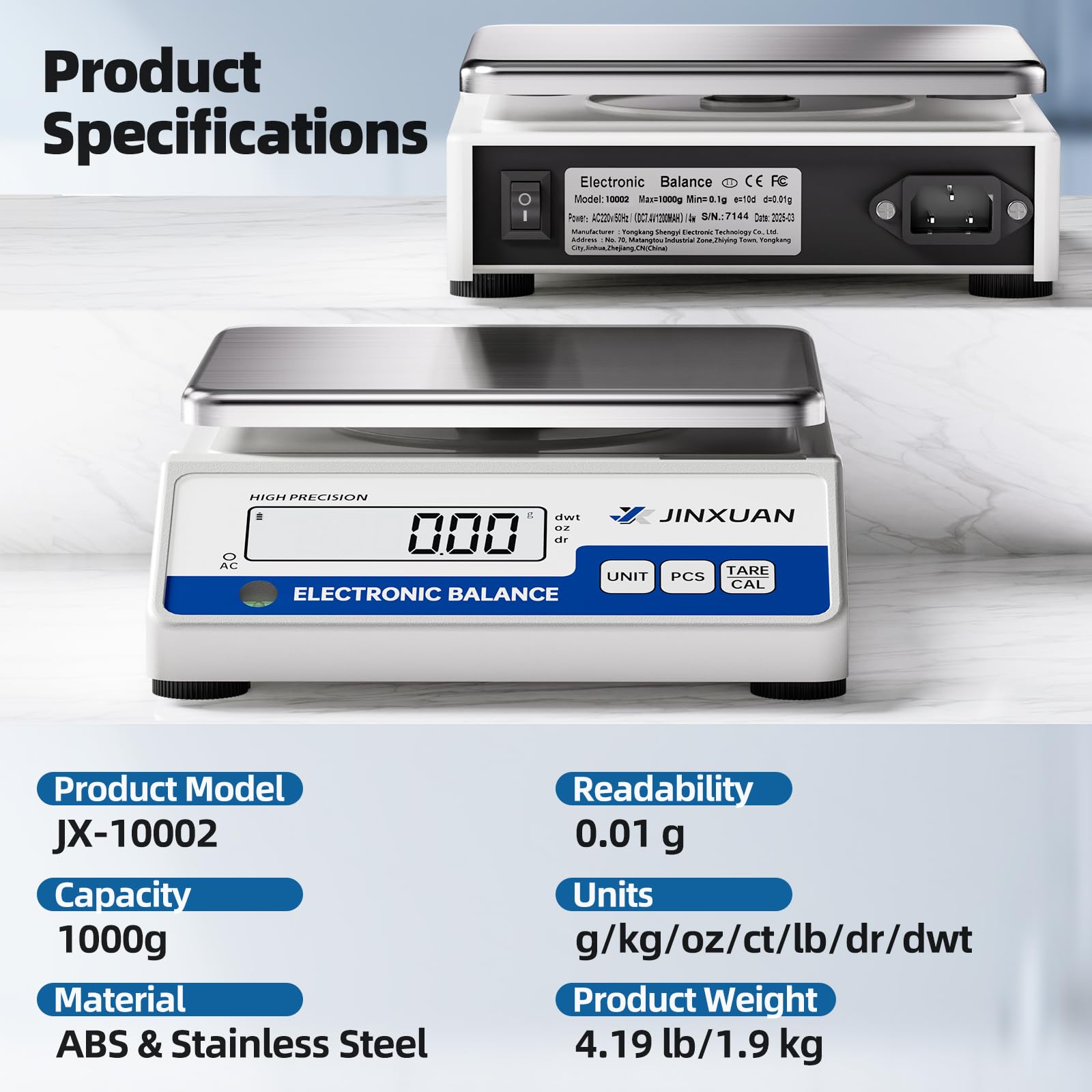 Báscula científica electrónica de alta precisión de 1000/0,01 g, balanza analítica con pantalla LCD de conversión de 7 unidades, pesos de calibración de 200 g y baterías recargables para