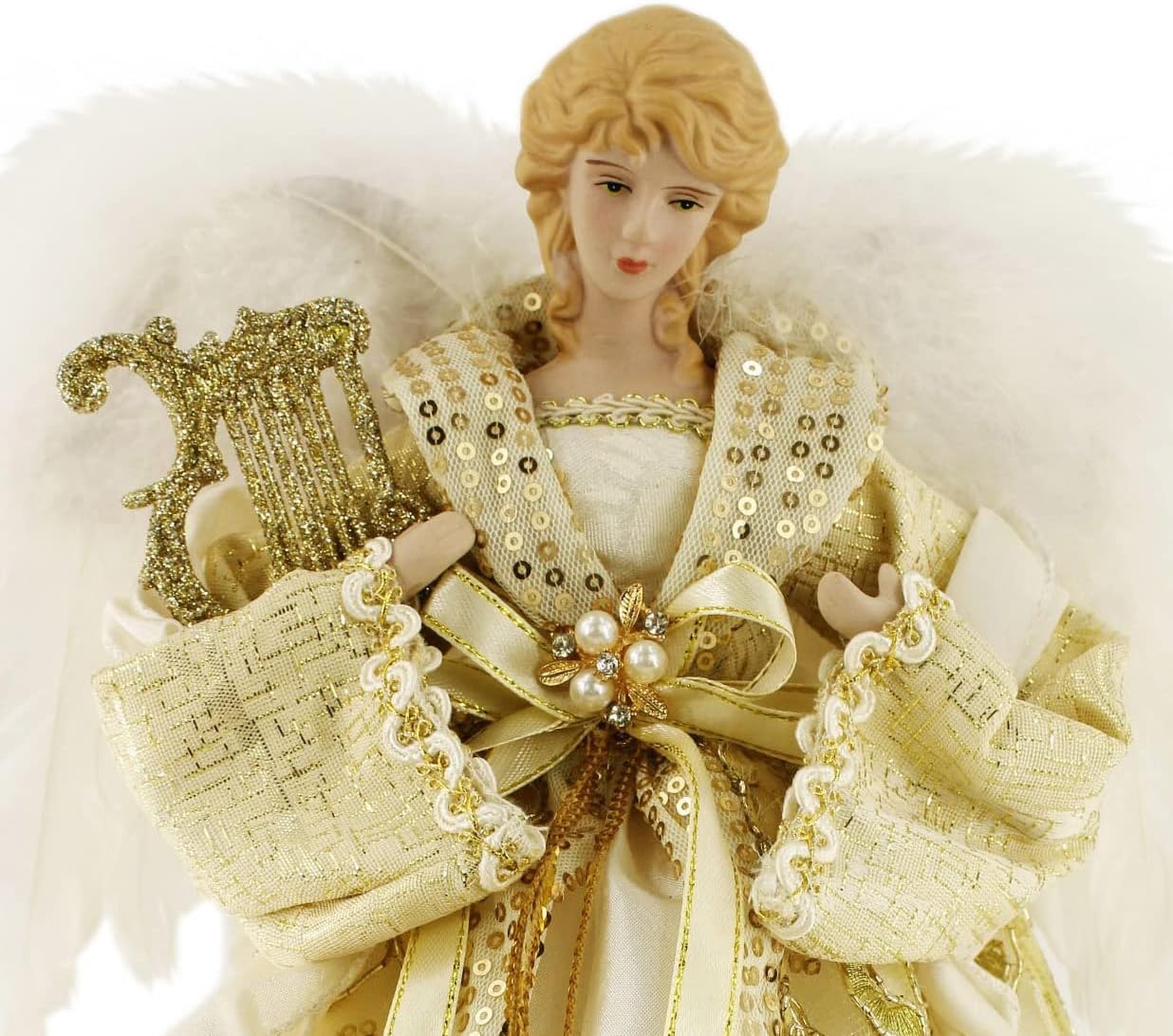 14" Inch Standing Sequin Sash Golden Harp Angel Christmas Tree Topper or Table Top 514122