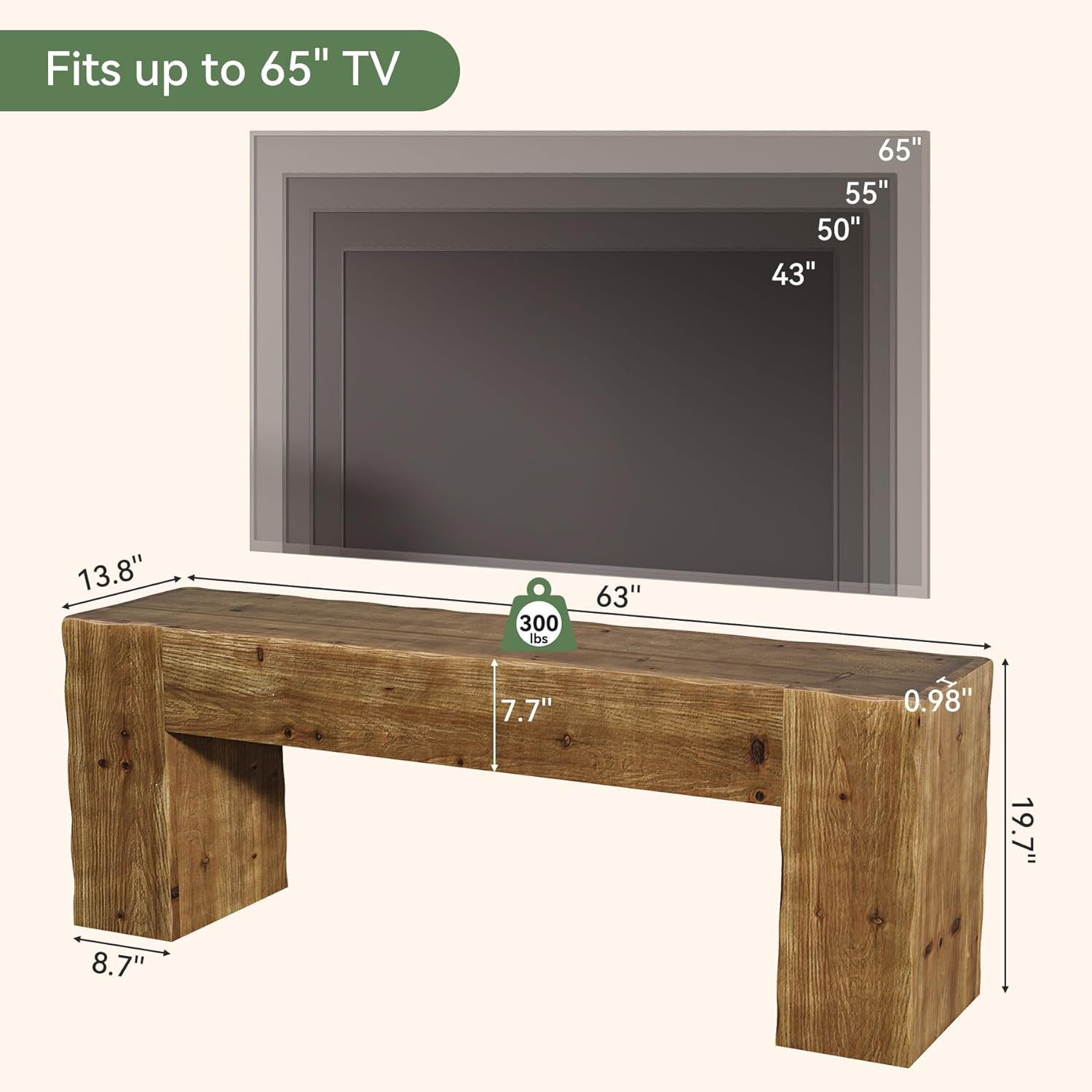 Solid Wood TV Stand for 65 Inches TV, Rustic Media Console with Hand Carved Wave Edge, Thick Leg Base, 63 Inches Long TV Table for Living Room, Easy Assembly (Rustic Brown)