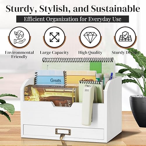 Miniatura 3 de Flexzion Organizador de escritorio de madera de 3 niveles - organizador de correo rústico campestre, compartimentos para encimera, bandeja de