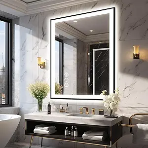 30x36 Lighted Mirrors for Bathroom Wall, Modern Rectangle Matte Black Mirror, Tempered Glass,Double Lights, 3 Colors Dimmable Temperature, IP54 Enhanced Anti-Fog, Memory (Horizontal/Vertical)
