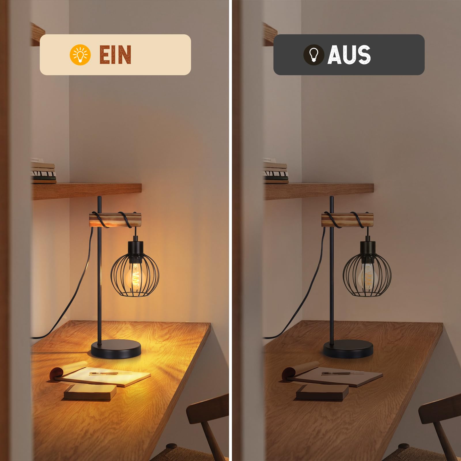 ZMH Lampada da tavolo vintage, lampada da comodino per soggiorno E27: | lampada da tavolo retrò a 1 luce in design industriale in metallo nero, lampada da comodino con cavo - senza lampadina