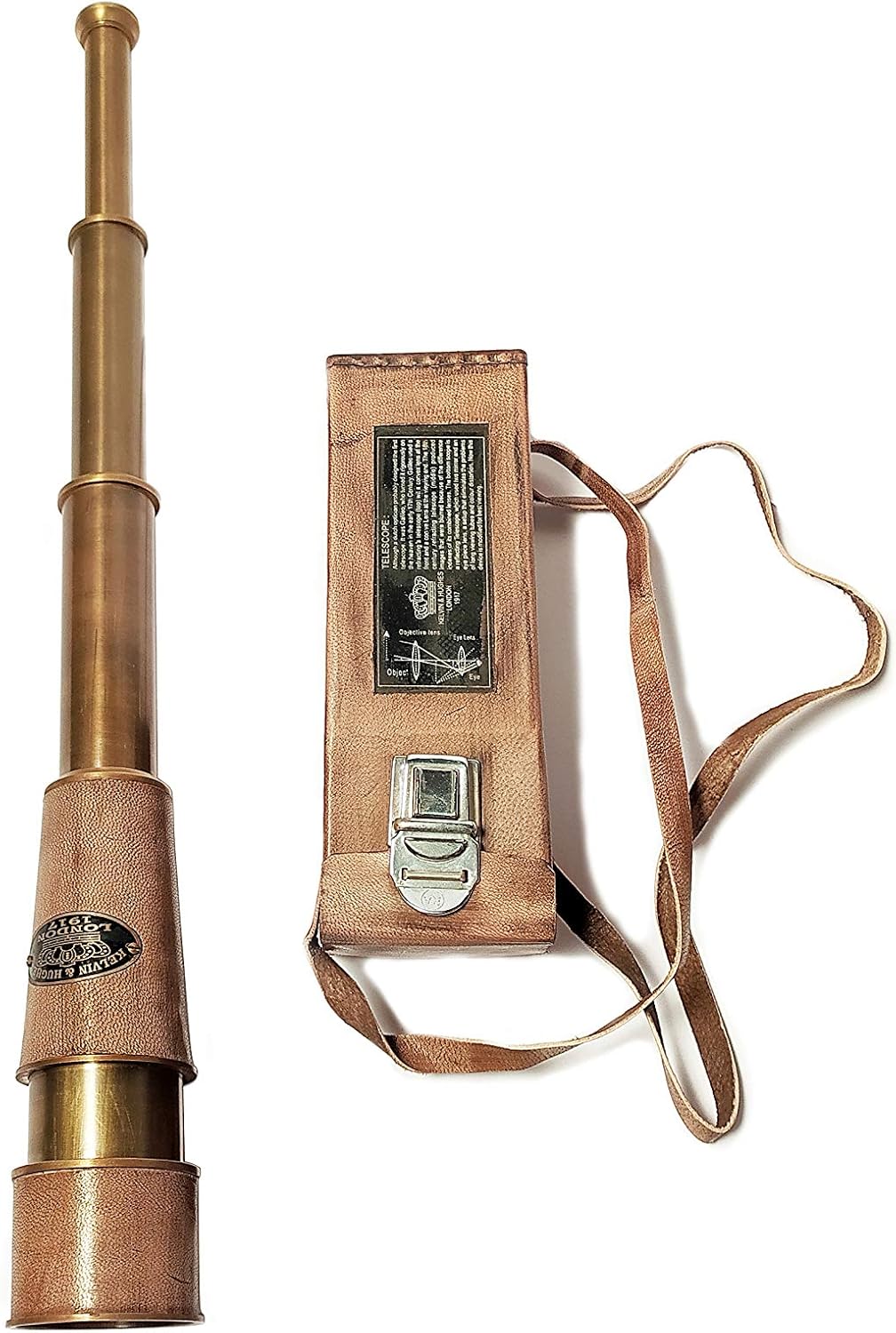 A.A.Nauticals - 20 inch Kelvin & Hughes London 1917 Brass Telescope with Leather Box - Handmade Antique Nautical Reproduction - Rustic Decor and Collectible Gift Item (Brown Antique, 10-15X Range)