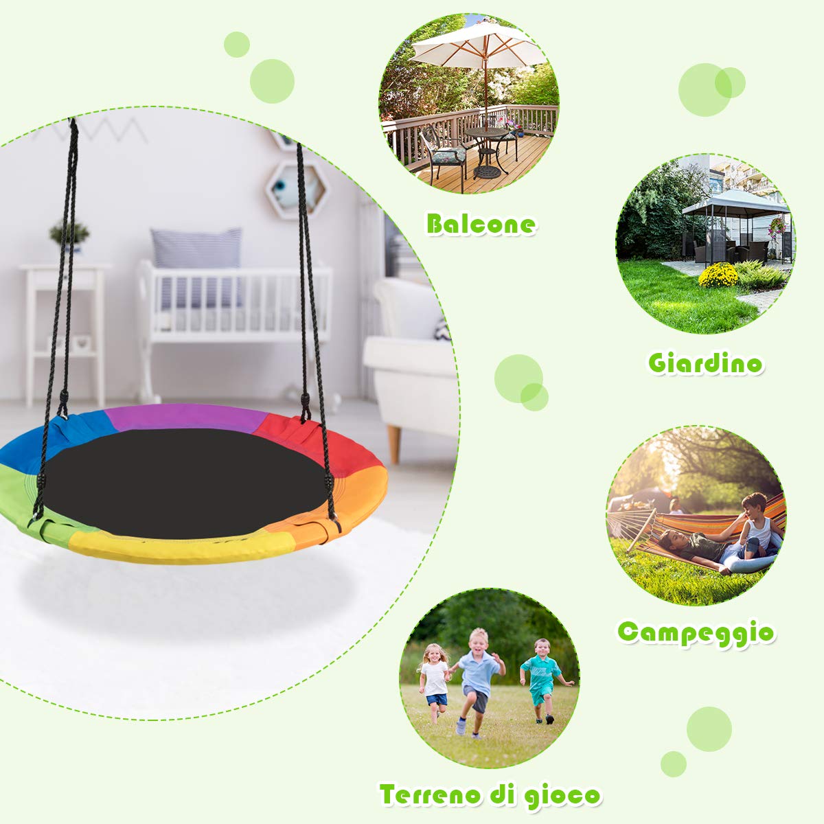 Altalena da Giardino Rotonda a Nido per Interni/Esterni Portata Max. 150 kg Diametro 100 cm Multicolore