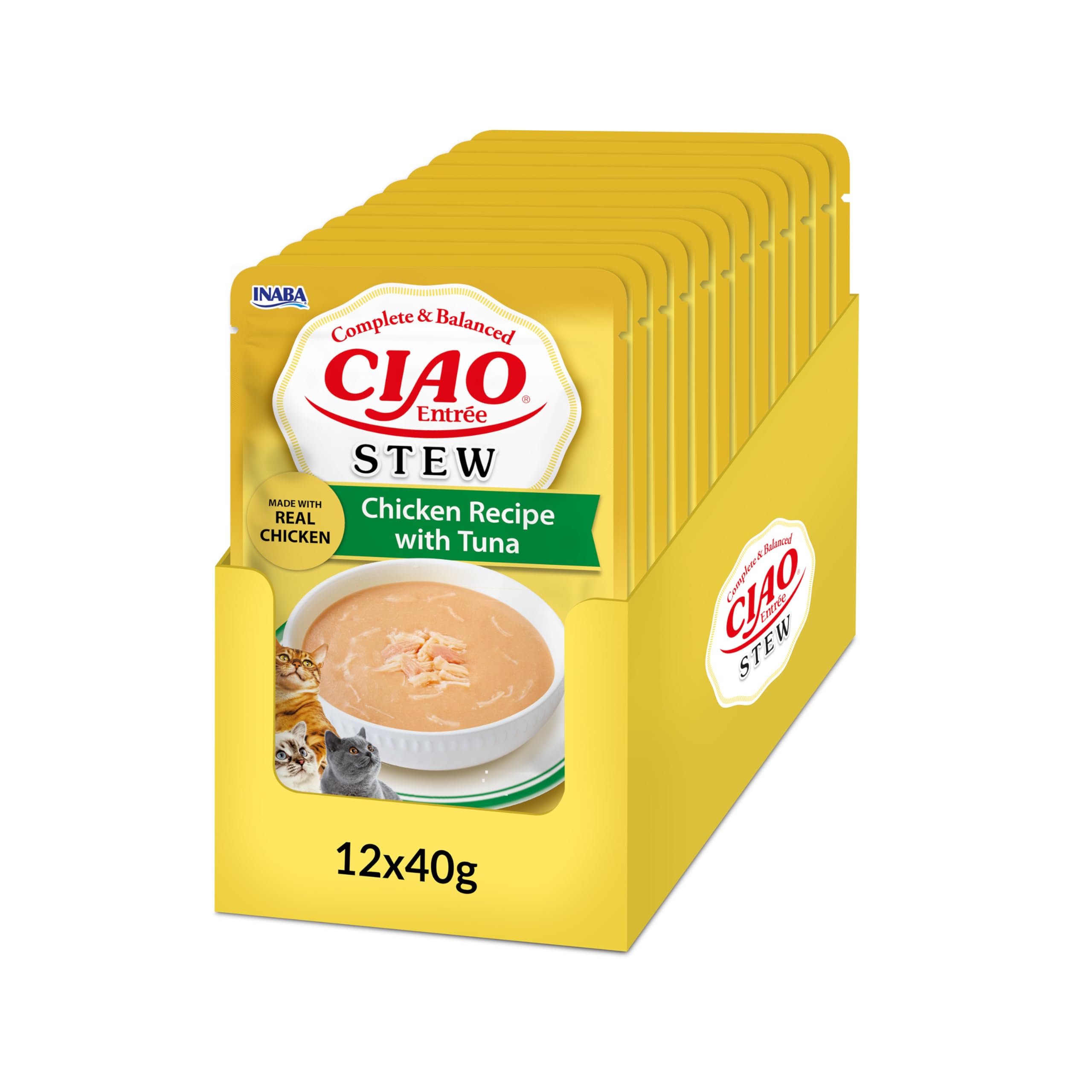 INABA Ciao Entrée Stew, Wet Cat Food, Complete Balanced Meal with Chicken Strips and Tuna, Creamy Stew Made with Natural Ingredients, High Moisture, For Adult Cats, Value Pack, 12 Packs of 40g