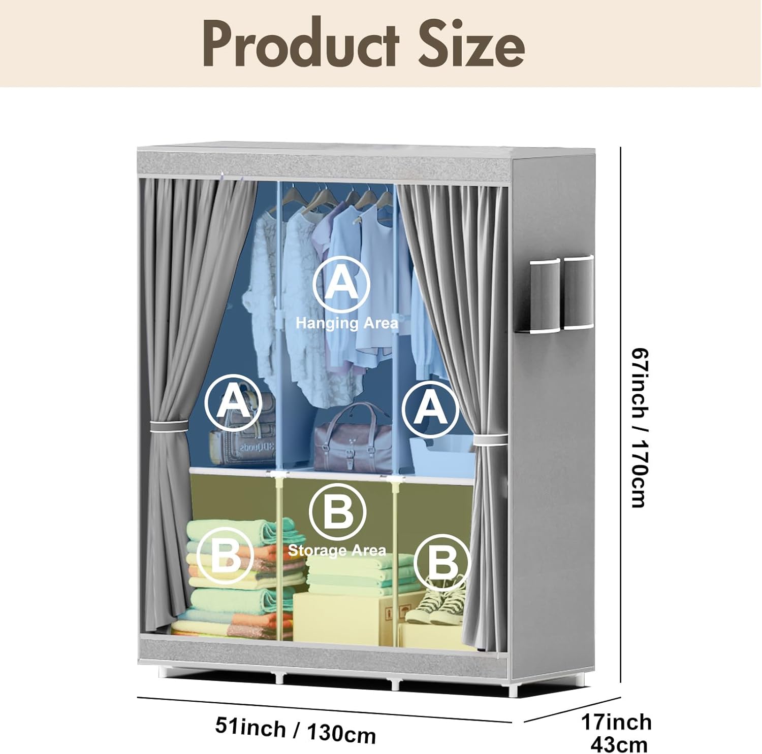 ALSO GO Portable Closet, Storage Organizer Wardrobe with Non-Woven Fabric Cover, with 3 Hanging Rods, 6 Storage Shelves and Side Pockets, Free Standing Clothes Rack with Non-Woven Fabric Cover, Grey