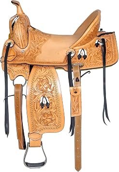 American Western Horse Saddle Hand Tooled Leather Flex Tree Trail & Barrel Racing Saddle | Durable Equestrian Tack for Adult & Youth Riders, Tan 818 Seat