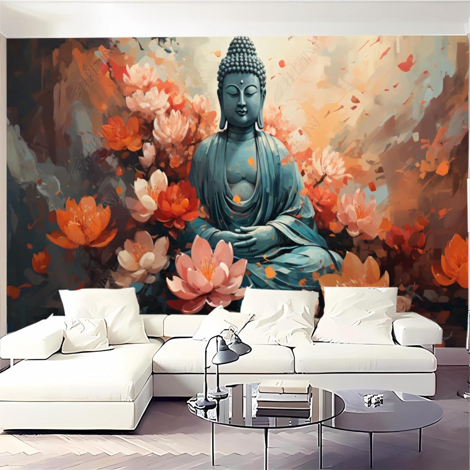 Papier peint panoramique soie bouddha lotus fleurs 350x245cm
