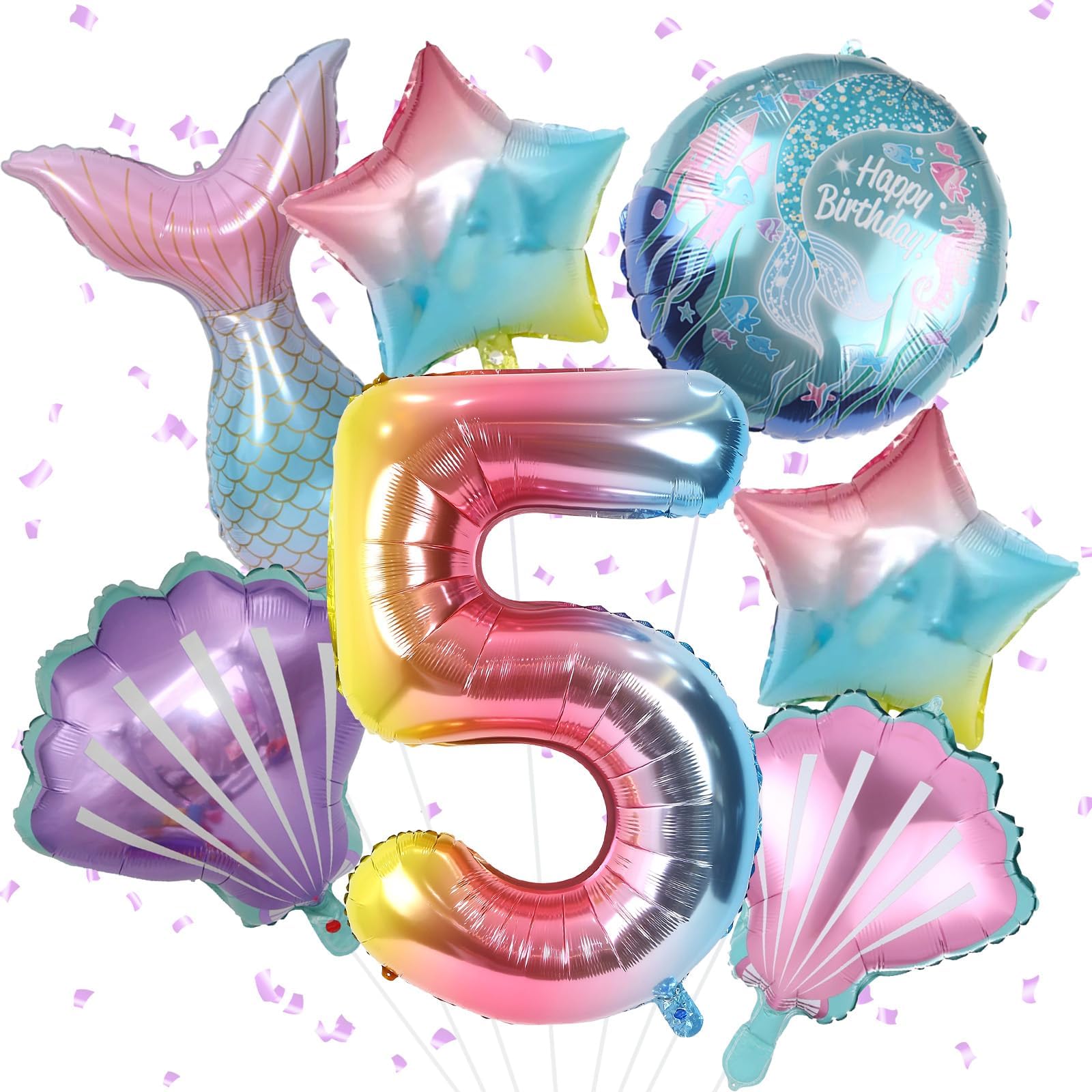 Mermaid 5th Birthday Decorations, 8Pcs Mermaid Birthday Decorations Balloons, 40 Inch Rainbow Number 5 Balloon, Large Helium Foil Mermaid Tail Balloon