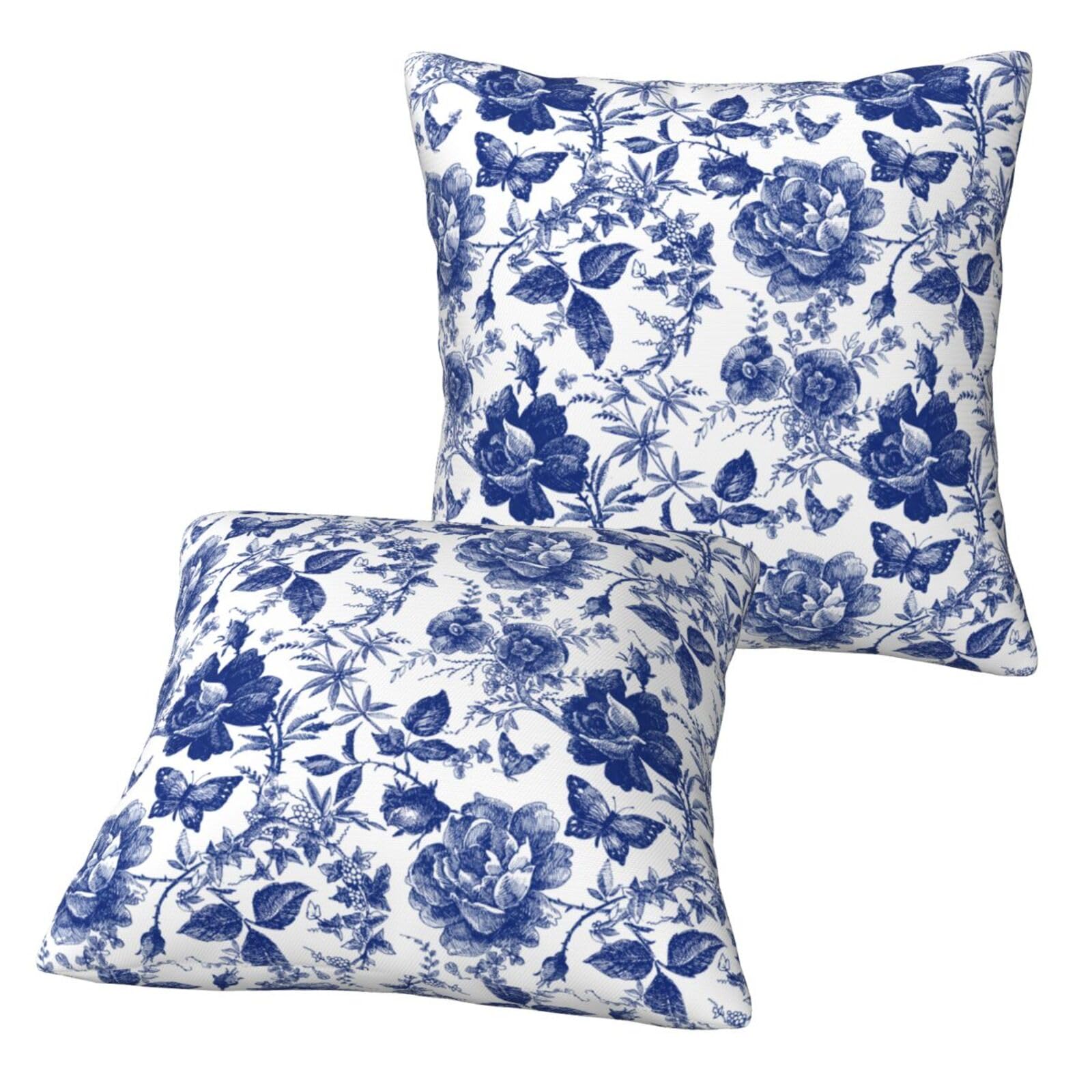 Nezweld Blue and White Porcelain Floral Butterfly Pillow Cover 20x20 Set of 2,Vintage Chinoiserie Throw Pillow Covers Farmhouse Pillow Cushion Case