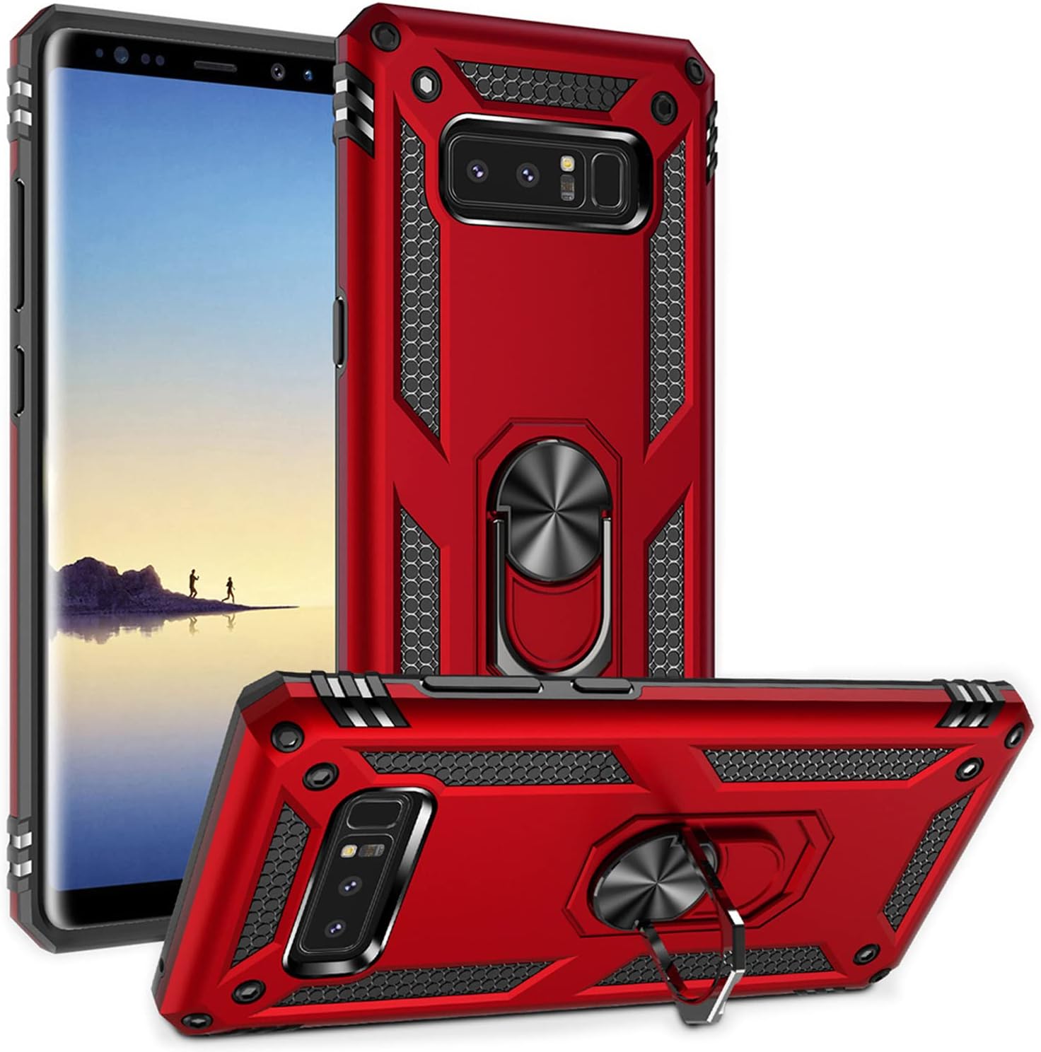 Galaxy Note 8 Case Military Grade Drop Impact Tested Armor 360 Metal Rotating Ring Kickstand Holder Built-in Car Mount Silicone TPU Shockproof Anti-Scratch Full Body Protective Cover for Note 8( Red )
