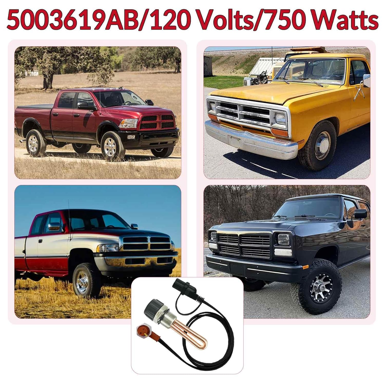 5003619AB Engine Block Immersion Heater for 2011-2018 2500 3500 R-am 6.7L L6 Die-sel 2001-2010 Do-dge 5.9L 6.7L L6 Die-sel 120 Volts 750 Watts with Cordset Cord and Plug Protector