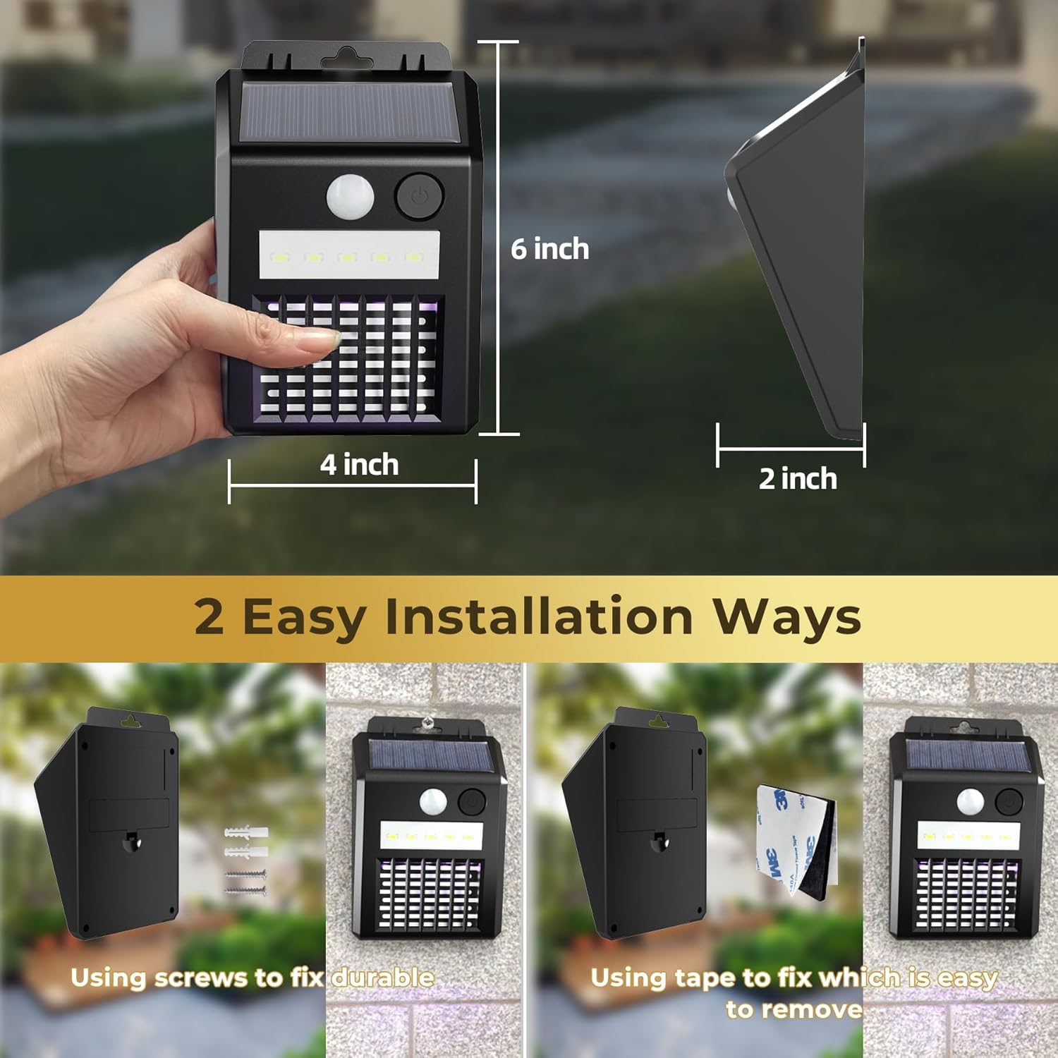 X-PEST Solar Bug Zapper dimensions and two installation methods: using screws or adhesive tape