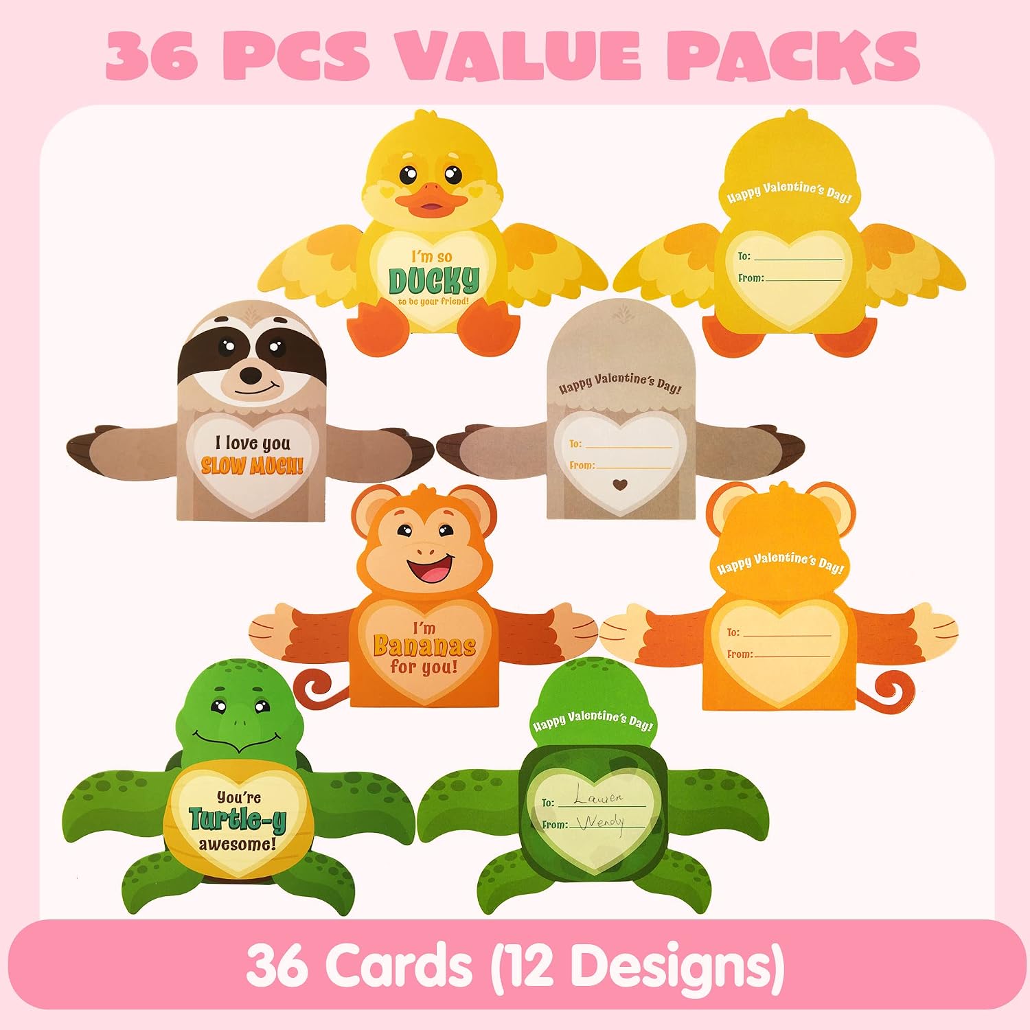 JOYIN 36 Pcs Valentines Day Gifts Cards with Animal Designs,Valentine’s Greeting Cards Candy Holder Cards for Kids, Valentine Classroom Exchange Cards Party Favors (Cards only)