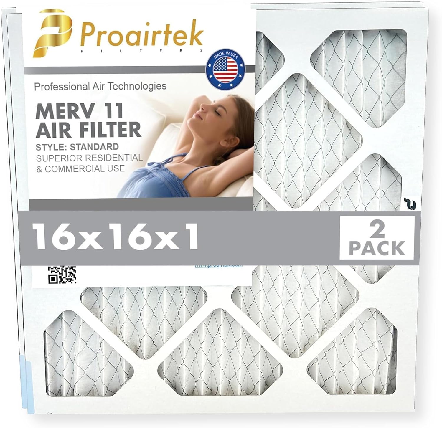 Proairtek AF16161M11SWH Model 16x16x1 Pack of 2 Air Filters, MERV 11; Ideal for Anyone Wanting Clean, Crisp Air in Their Home