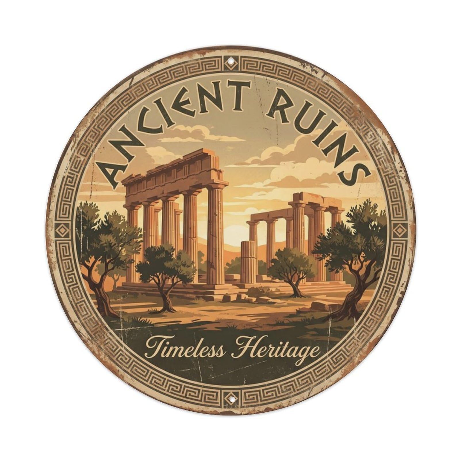 Vintage Travel Ruins Ancient Heritage Metal Tin Sign Plaque Wall Decor for Cafe, Club Bar, Office, Home Garden Round Metal Poster 8x8Inch