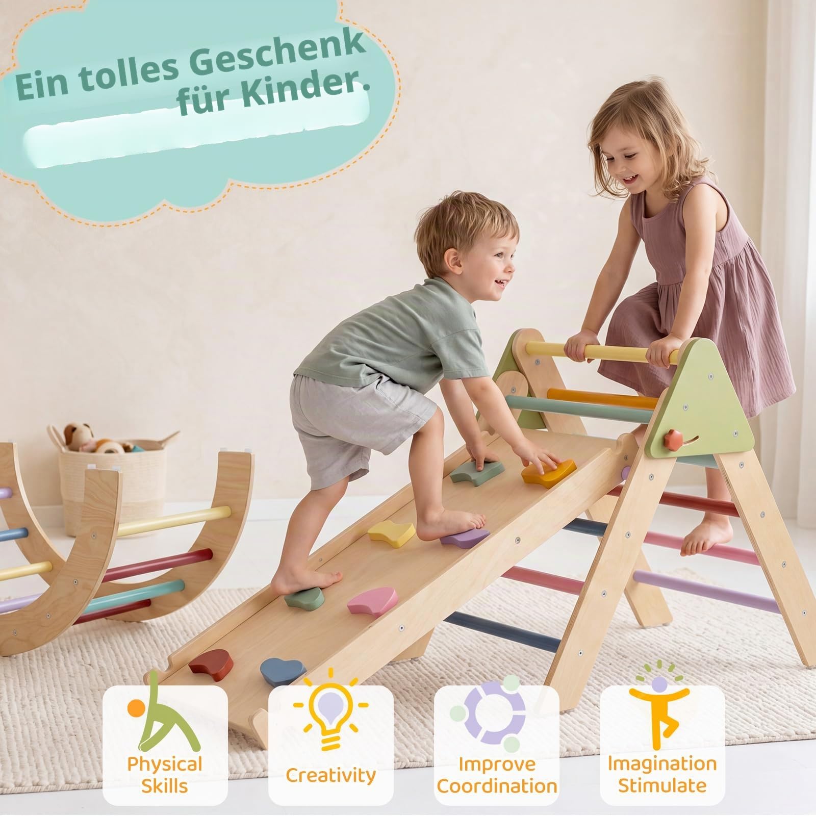 Montessori Klettergerüst Indoor Set, 7-in-1 Holz Kletterspielzeug, Faltbares Pikler-Dreieck-Set mit Rutsche, Leiter & Spielbogen, Indoor Spielgerät für Babys & Kinder 1-3 Jahre - Regenbogen