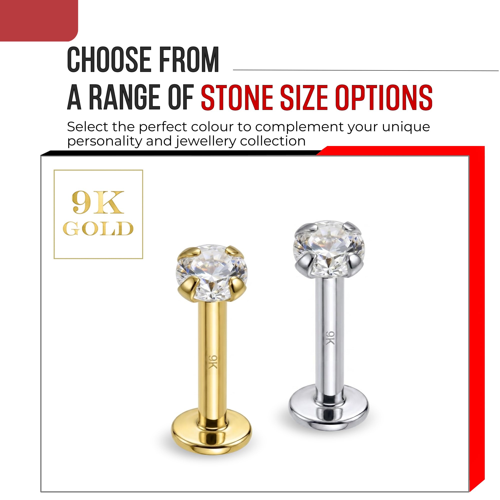 Piercing de labio de oro amarillo macizo de 9 quilates, oro blanco, circonita cúbica redonda, sin rosca, parte superior de calibre 16, parte trasera plana, piercing de barra para tragus