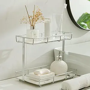Bathroom Organizer Countertop Perfume Organizer Makeup Organizer Cosmetics Storage Display Rack Vanity Tray Dresser Stainless Steel Gold Shelf White Marble Ceramic Tray (2 Tier L-Sliver)