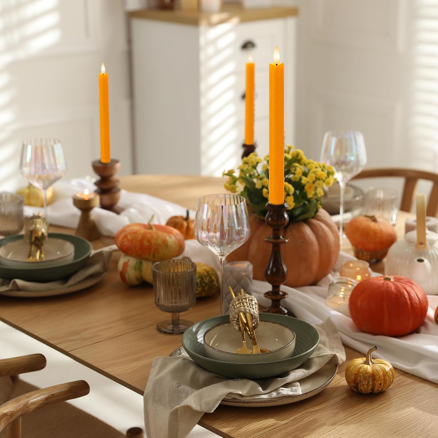 6 Pack Orange Flameless Taper Candles with Remote&Timer, Thanksgiving Battery Operated Candles with Flickering Wick, Fall Candlestick Harvest and Thanksgiving for Home Decor