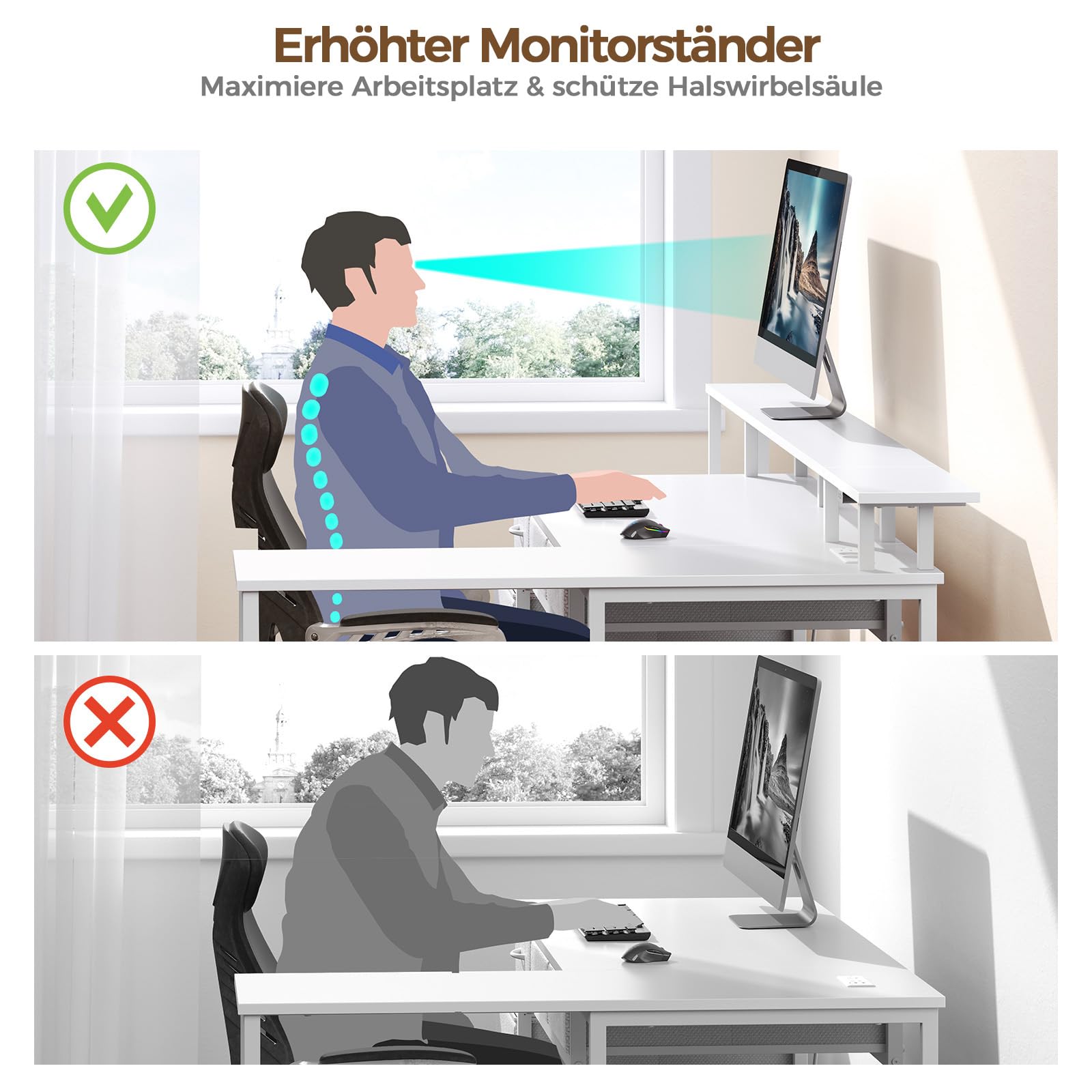 Seventable Schreibtisch L Form, Computertisch mit Steckdose, LED & Monitorständer, Reversibel Eckschreibtisch mit Schubladen, perfekt für Schlafzimmer Büro Wohnzimmer, Weiß