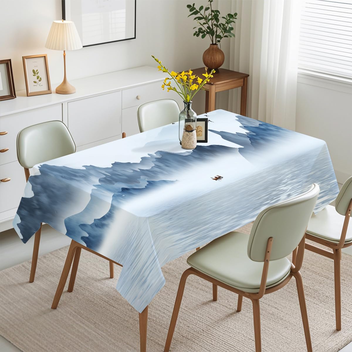 Mantel Antimanchas 240x140 Paisaje Azul Chino Mantel Tela Poliéster Impermeable Lavable Manteles de Mesa Rectangular para Interior y Exterior Casa Comedor Cocina Fiesta