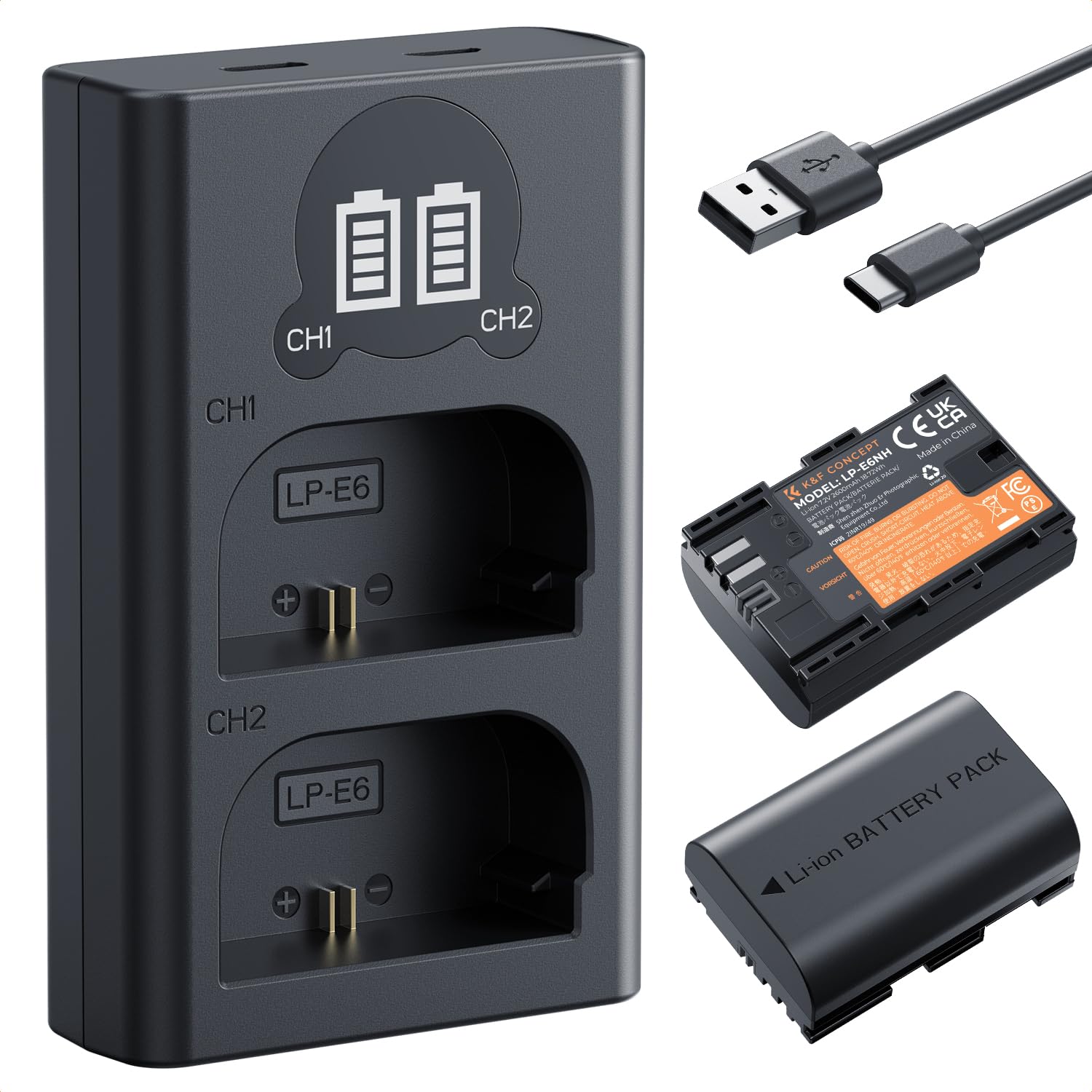 Batteria K&F Concept LP-E6NH 2250mAh Con Ricarica USB-C, Compatibile Canon EOS R5, R6, 90D, 5D Mark IV E Molti Altri