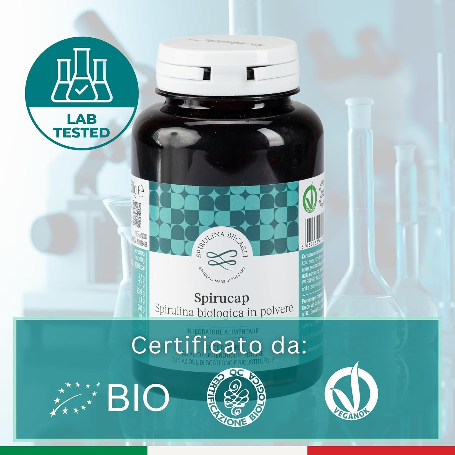 Spirulina Biologica in Capsule – Integratore Alimentare 100% Vegetale – Coltivata in Toscana – Fonte Naturale di Proteine e Vitamine – BECAGLI (180 Capsule)