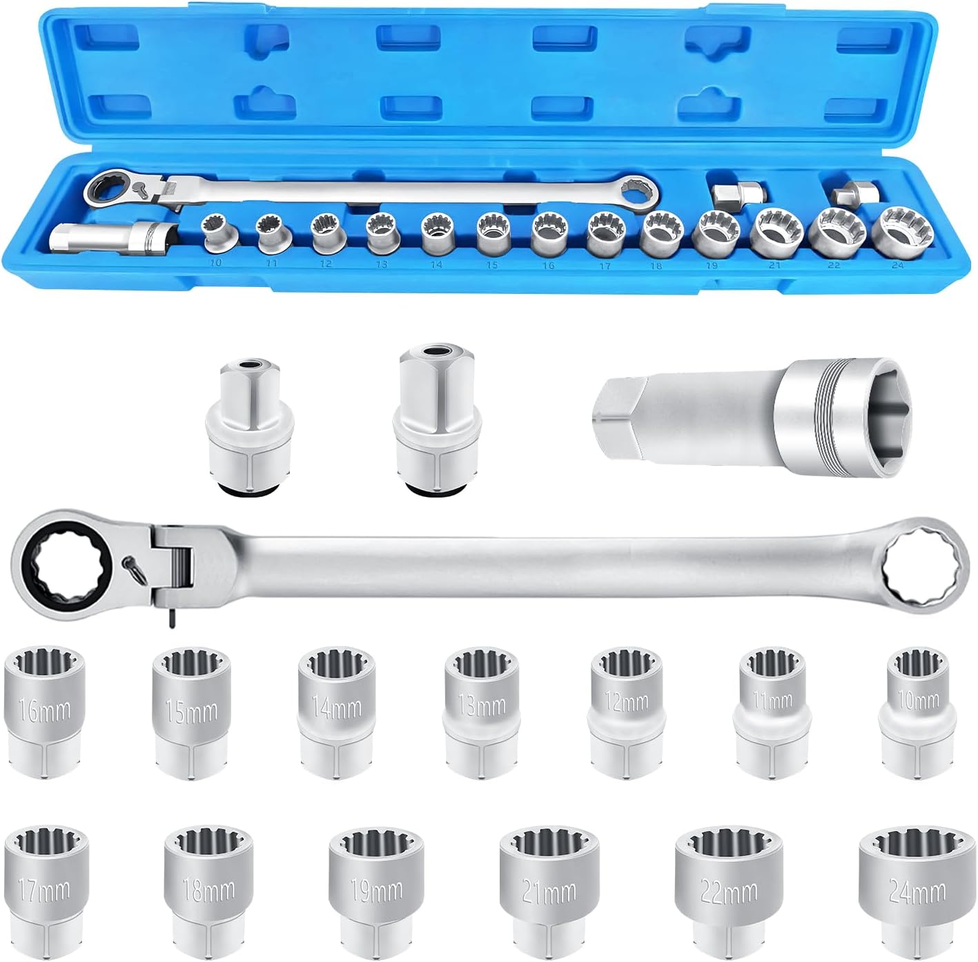 17PCS Extra Long Flex-Head Ratcheting Wrench Set, 180 Degree Flex Head, 10-24mm Replacement Heads, Double Box End Wrench Set, 72 Teeth for Garages, Repair Shops, and DIY, Universal Spline