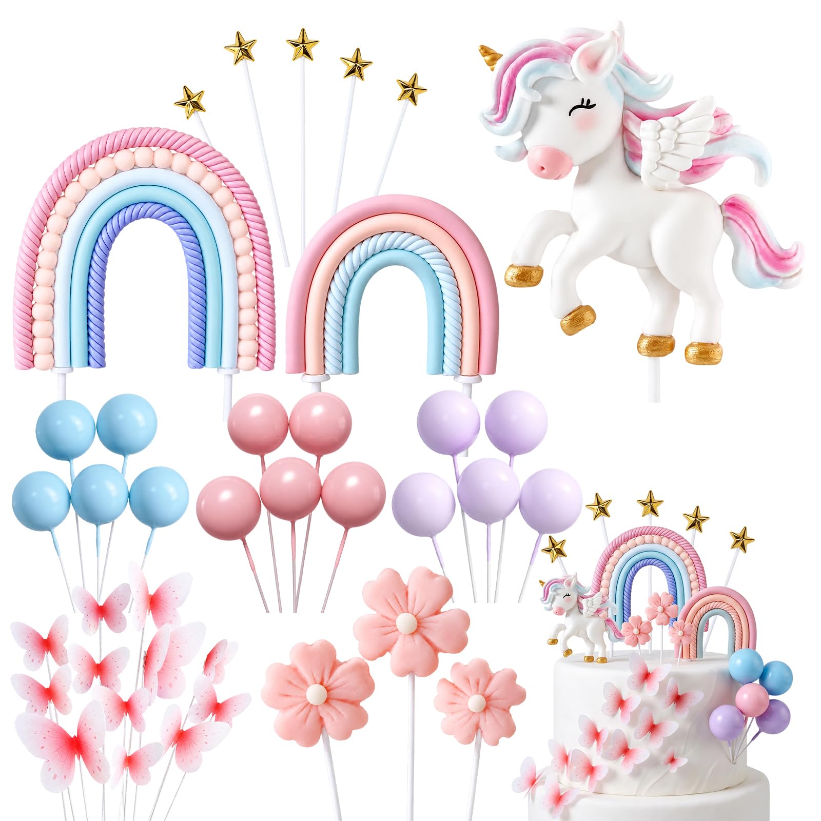 Unicorn Cake Decorations, Nine-Piece Set with Rainbow Toppers and Butterflies, Ideal for Birthday Cakes and Princess Parties