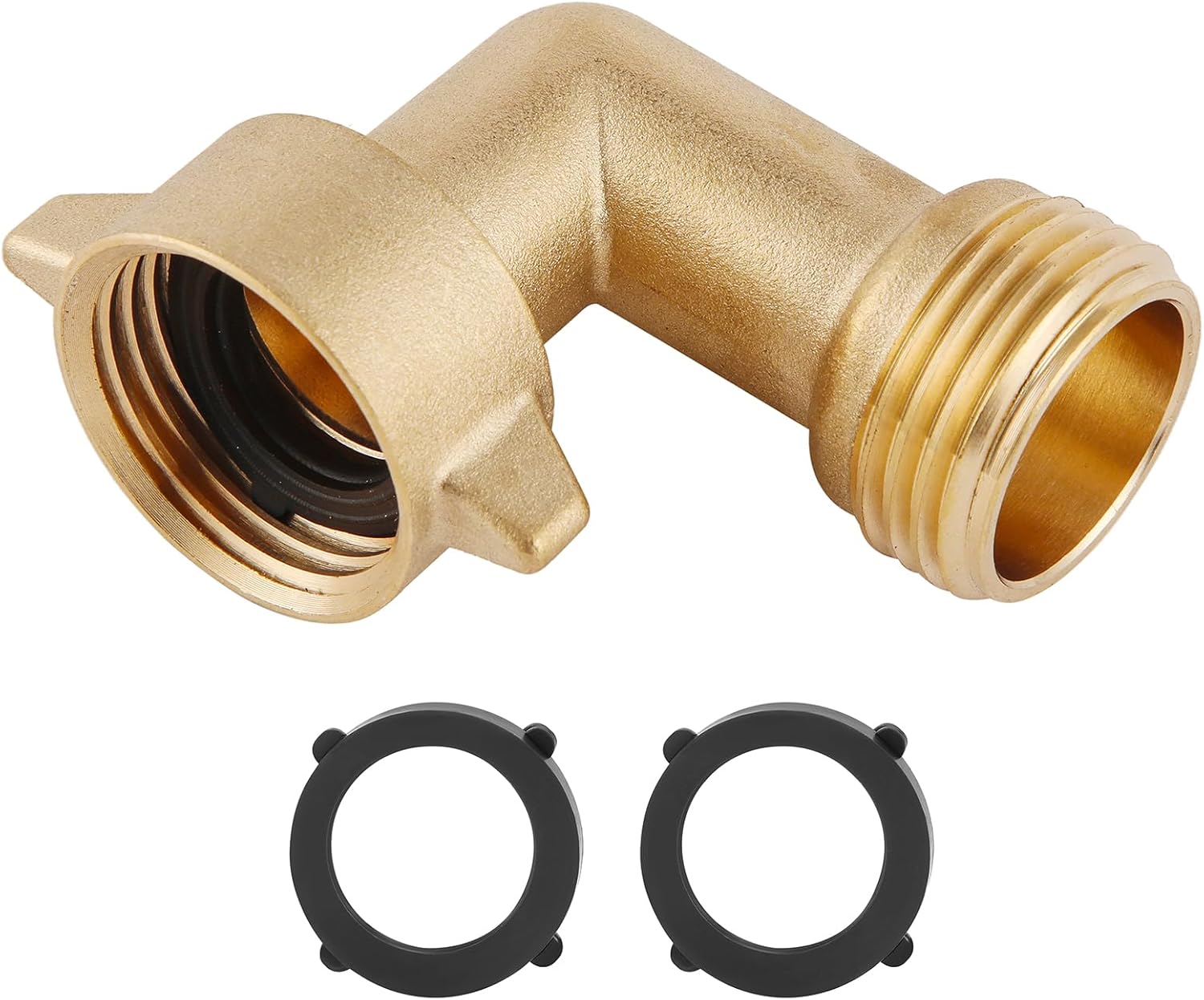90-Degree Hose Elbow For RVs — Solid Brass Construction, Features Convenient Easy Grip Connector,For RV Water Hoses, Residential Outdoor Faucets, & More — 1-Pack