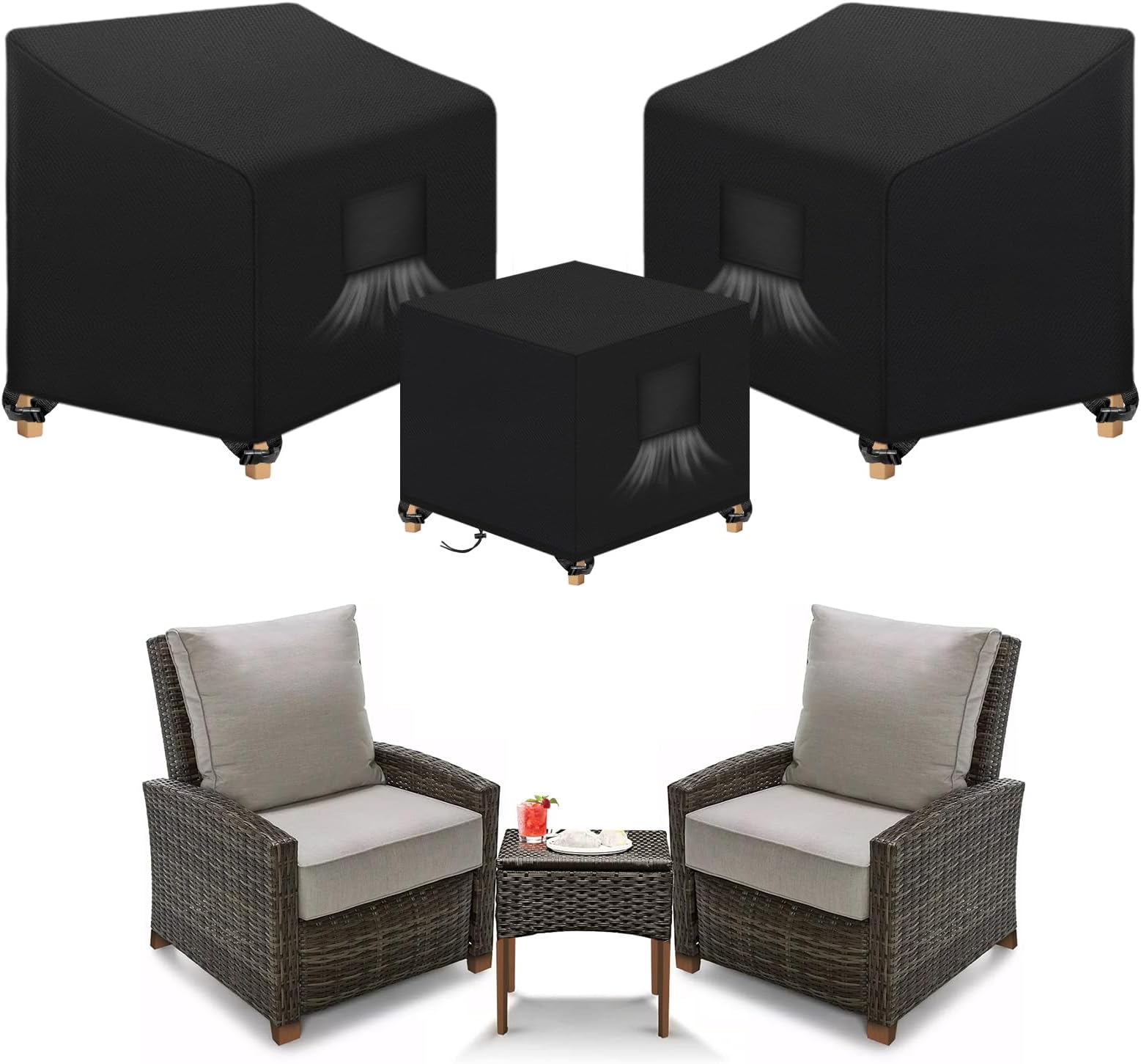 SIRUITON 3 Piece Outdoor Veranda Patio Garden Furniture Cover Set with 420D Durable and Water Resistant Fabric,Fit for Outdoor Wicker Patio Furniture Sets/Rattan Chair Conversation Sets-Balck