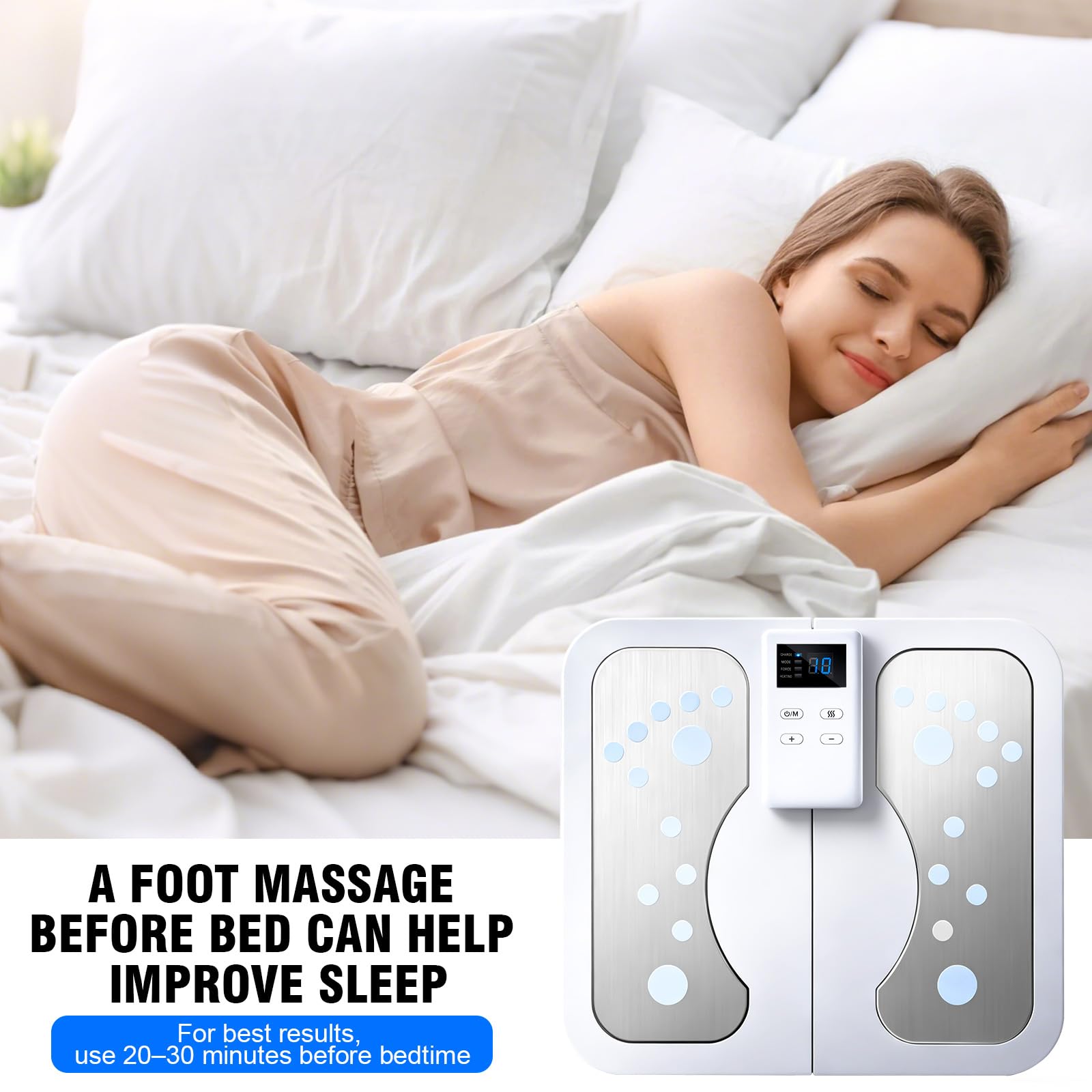 Faltbares Fußmassagegerät mit EMS/TENS, Elektrisches Fussmassagegerät mit 3 Heizstufen (38-48°C), Magnetfeldtherapie, 15-30 Min Timer für Schmerzlinderung und Förderung der Durchblutung