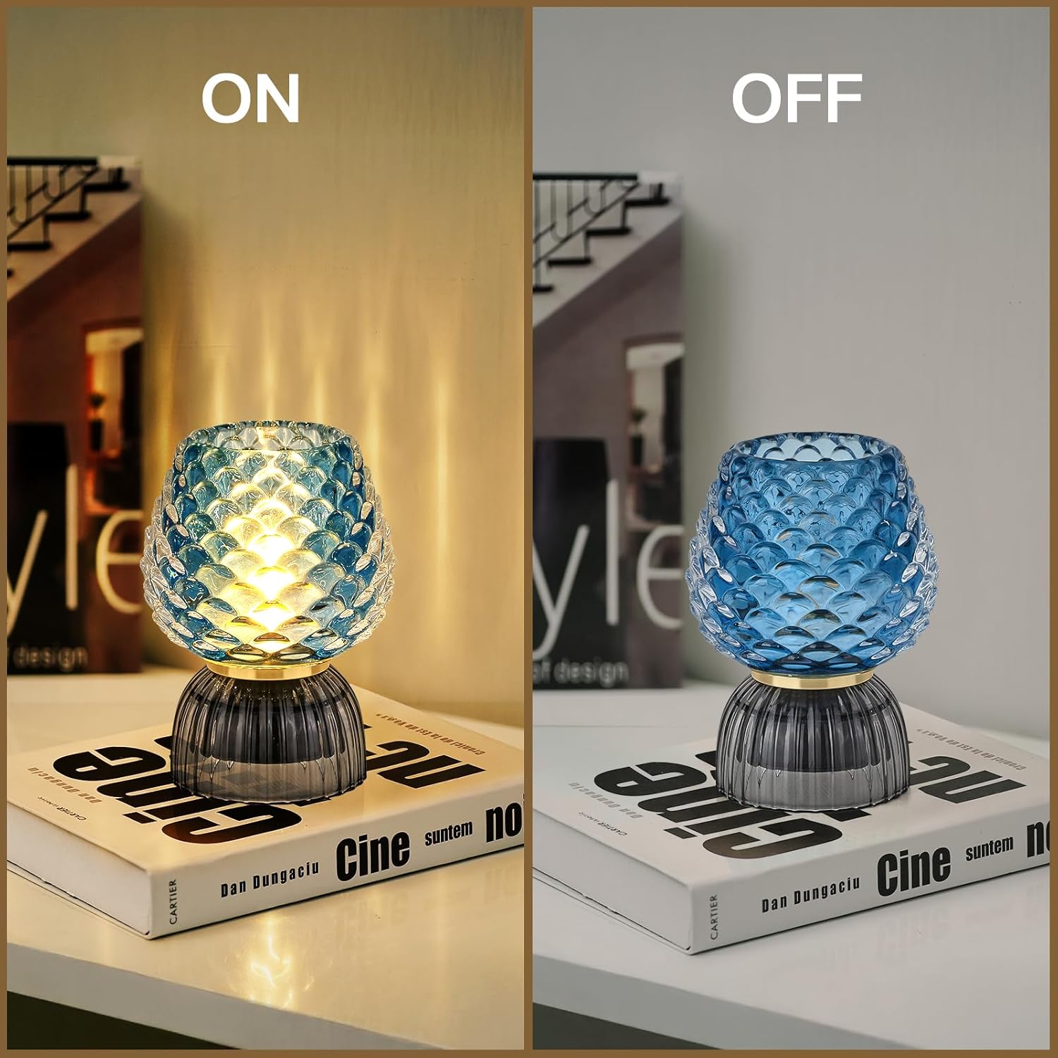 Battery Operated Lamp with Timer, Cute Small Cordless Glass Table Lamp for Home Decor, Kitchen, Bathroom, Birthday Gift for Women, Pinecone, Blue