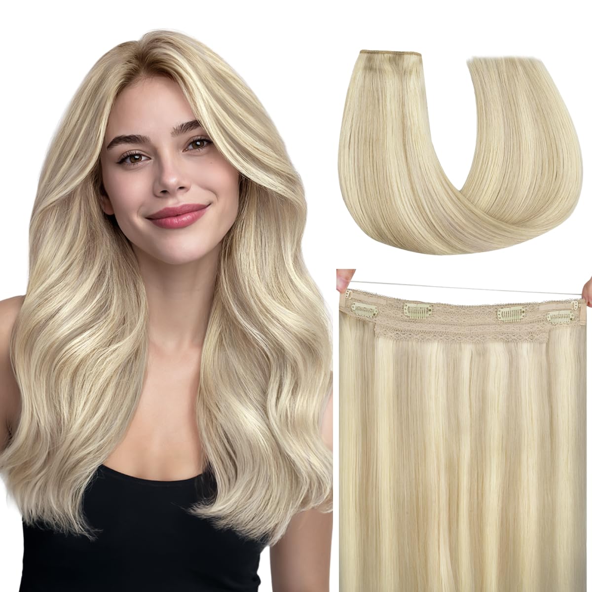 HOTBANANA Wire Hair Extensions, 14 Inch 75g Ash Blonde Highlighted Platinum Blonde, Transparent Fish Line Wire Extensions for Women