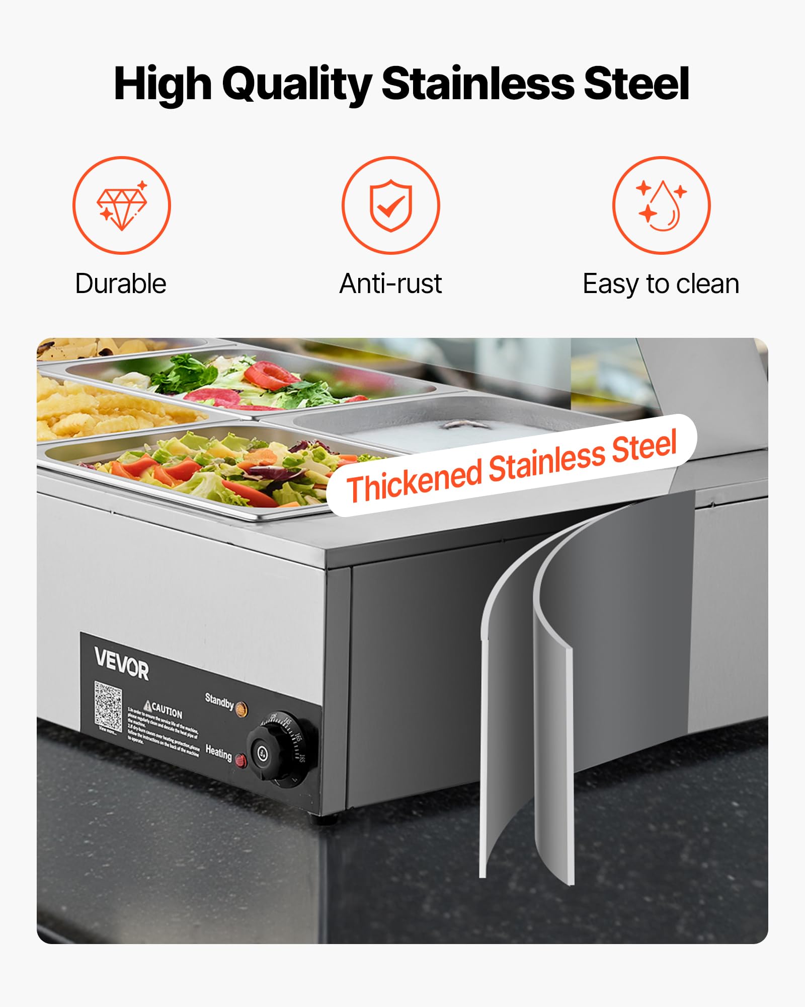 VEVOR Scaldavivande Commerciale, Scaldavivande Elettrico in Acciaio Inox da 1500 W con Coperchio in Vetro, Bagnomaria da Banco a 6 Teglie di 1/2, con Riscaldamento Rapido e Mestoli Forati