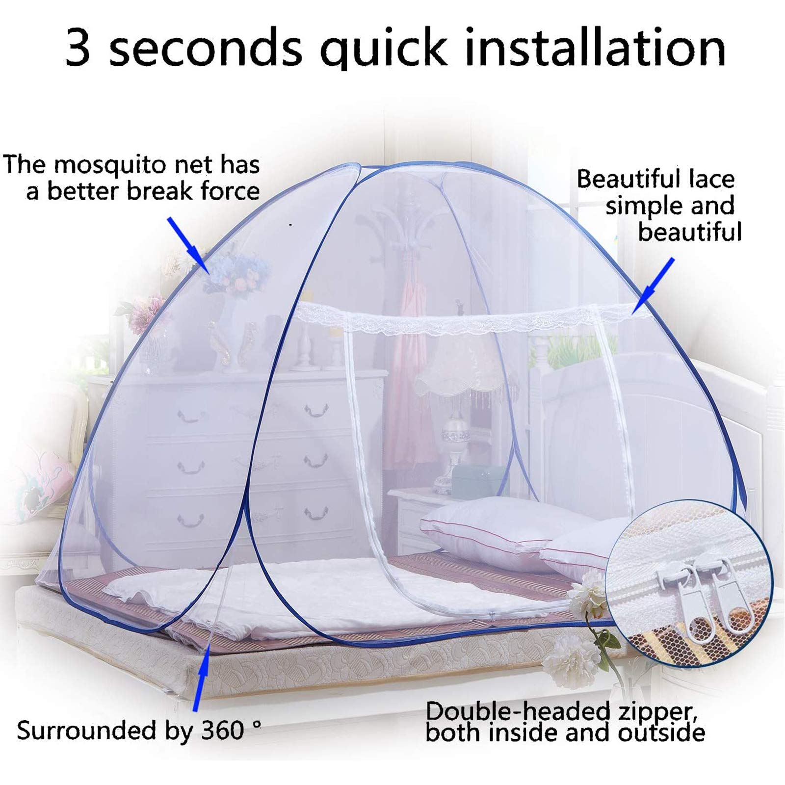Mosquitera Plegable para Cama con Doble Puerta, fácil de Instalar, con Parte Inferior antipicaduras de Mosquitos, para Cama, Camping, Viajes, hogar, una Sola Puerta, 200 x 200 x 160 cm