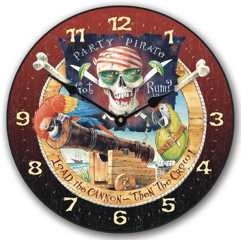 Pirate Party Wall Clock | Ultra Quiet Quartz Mechanism | Hand Made in USA Beautiful Crisp Lasting Color | Comes in 8 Sizes | 12-Inch