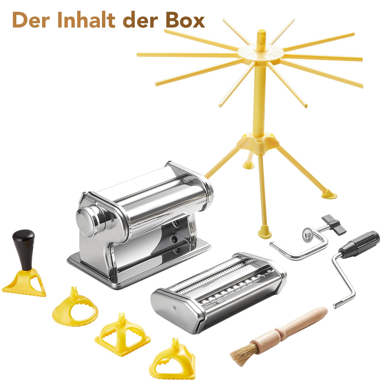 ROSSETTO Manuelle Nudelmaschine mit Trockner, Edelstahl Pastamaschine mit 9 Teigstärken, 2 Schnittbreiten,Für Lasagne, Spaghetti, Fettuccini, Ravioli-Ausstechern