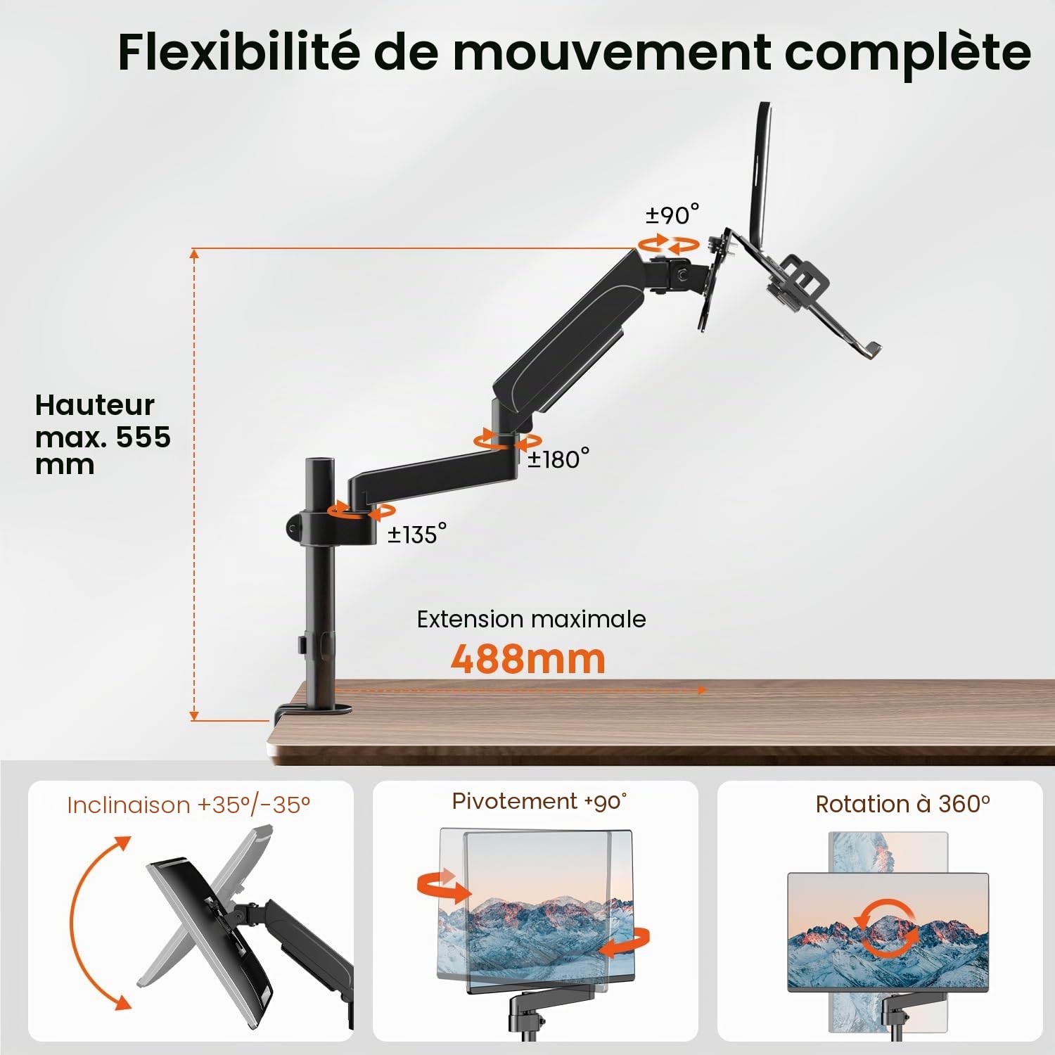 PUTORSEN Bras pour Moniteur avec Support pour Ordinateur Portable pour écran LCD LED 17-32 Pouces, réglage en Hauteur 55,5 cm