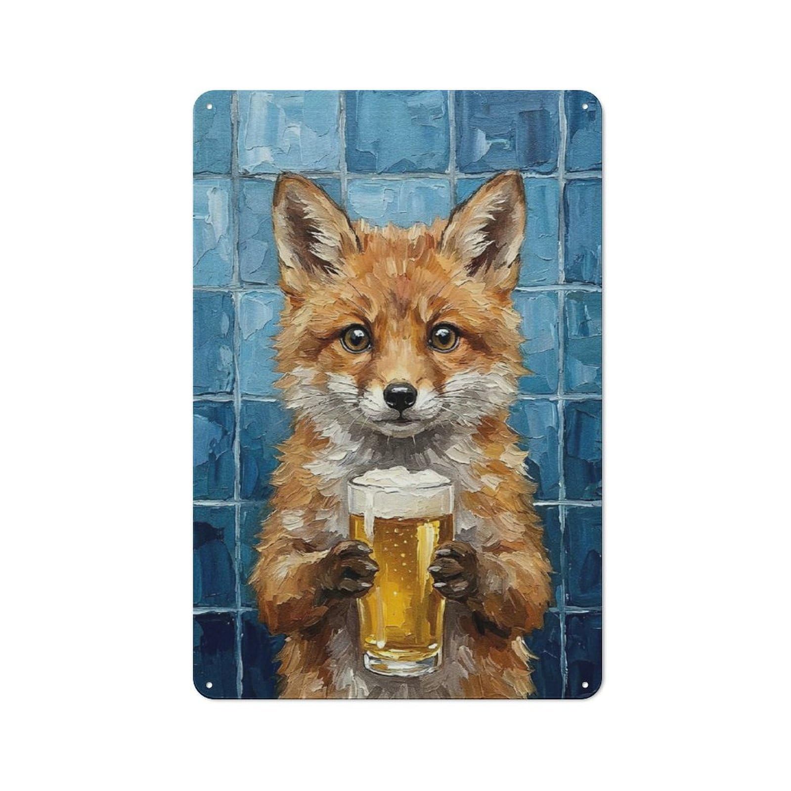 Junmoney Style-13 Fox With Beer Painting Clean Industrial Metal Wall Decor 30X20cm, Decorative Metal Plaque For Workspace, Cafe, Hallway Or Garage