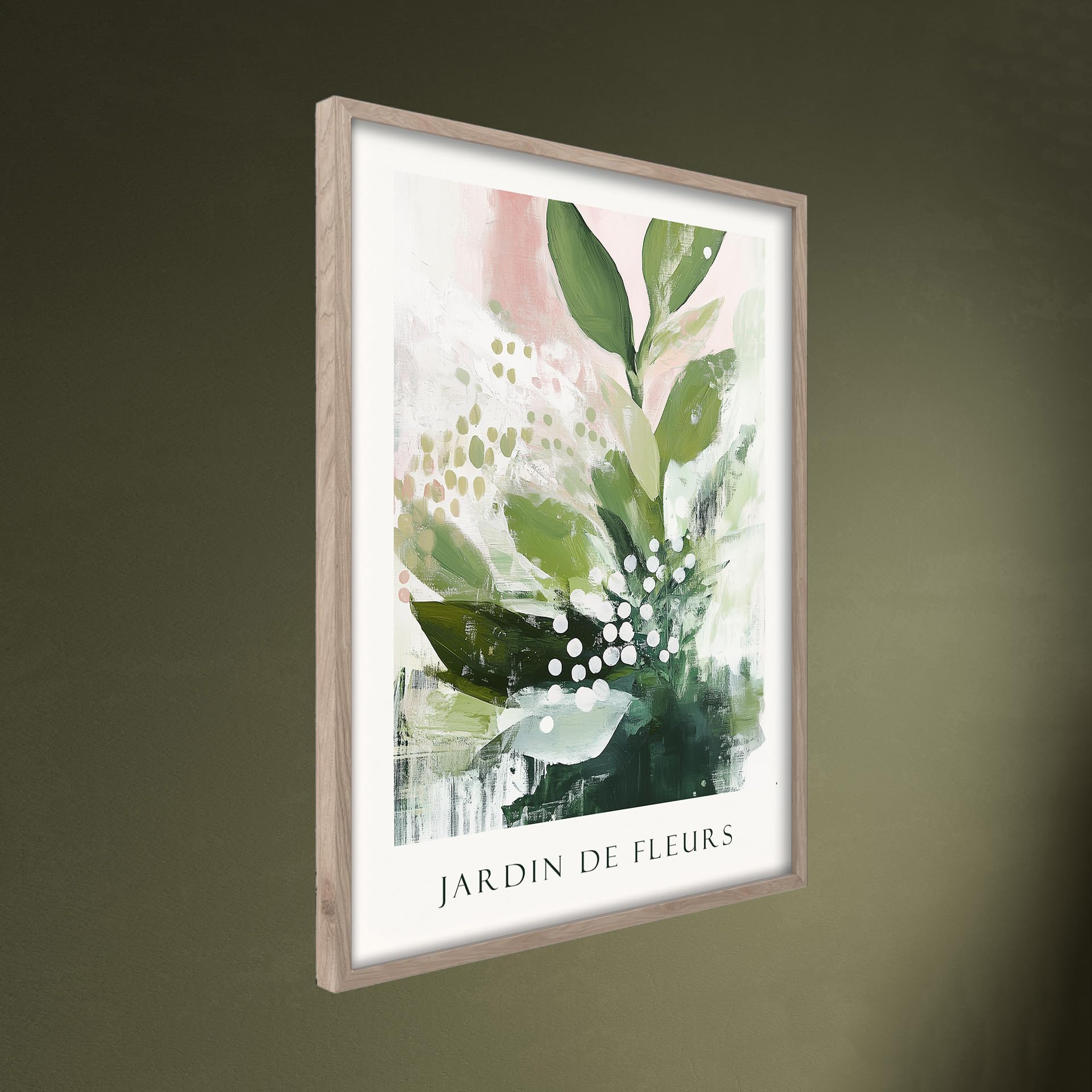 STYLER Gerahmtes Poster Fleurs 50 x 70 cm I Abstraktes florales Kunstmotiv in Grün- & Rosétönen I Wandbild Wohnzimmer Schlafzimmer Büro I Wanddeko Modern Bild mit Holzrahmen