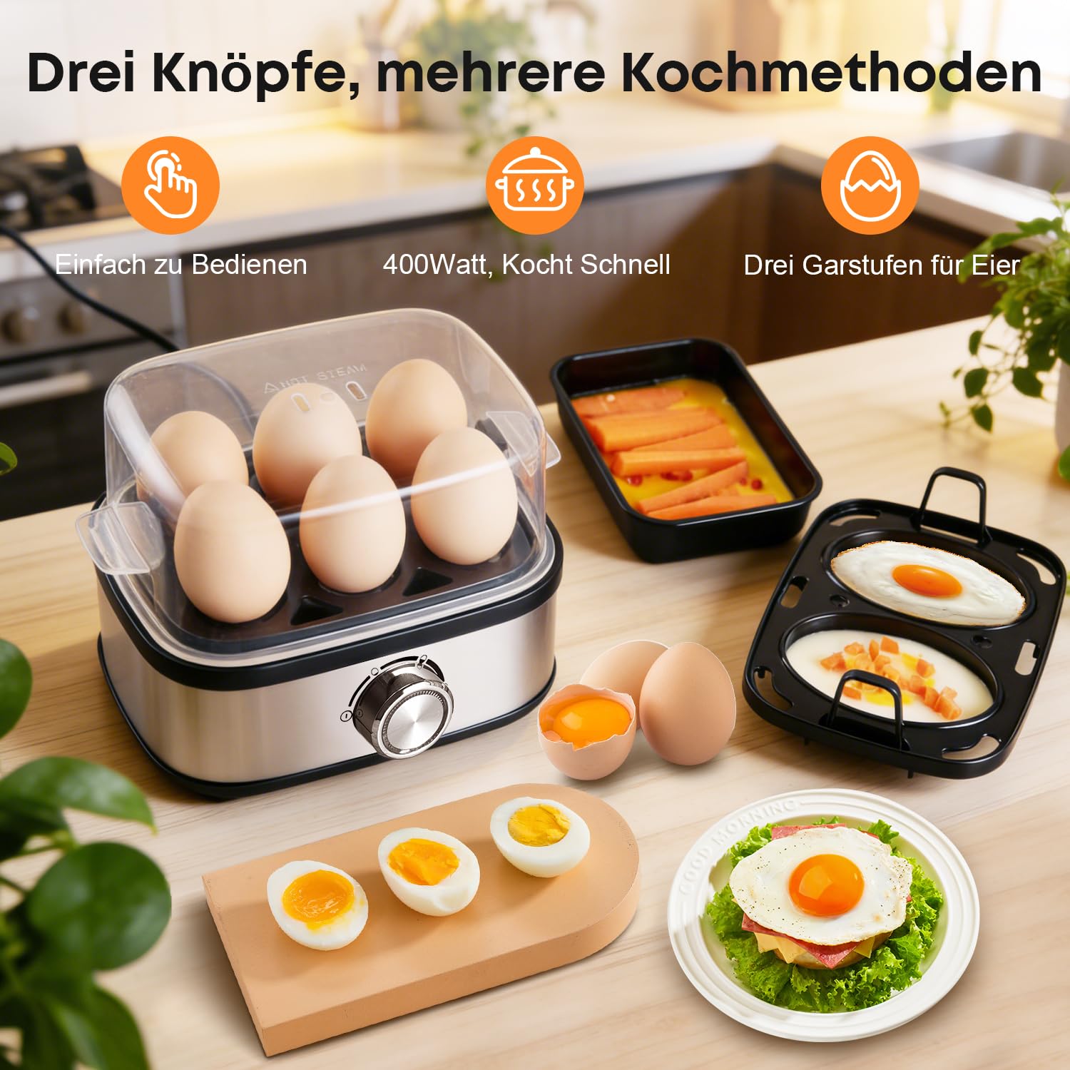 Hervidor de huevos 6 huevos cocina los tres niveles de cocción [suave|medio|duro] | Señal acústica, sin BPA, para huevos con tortilla, bandeja y huevera