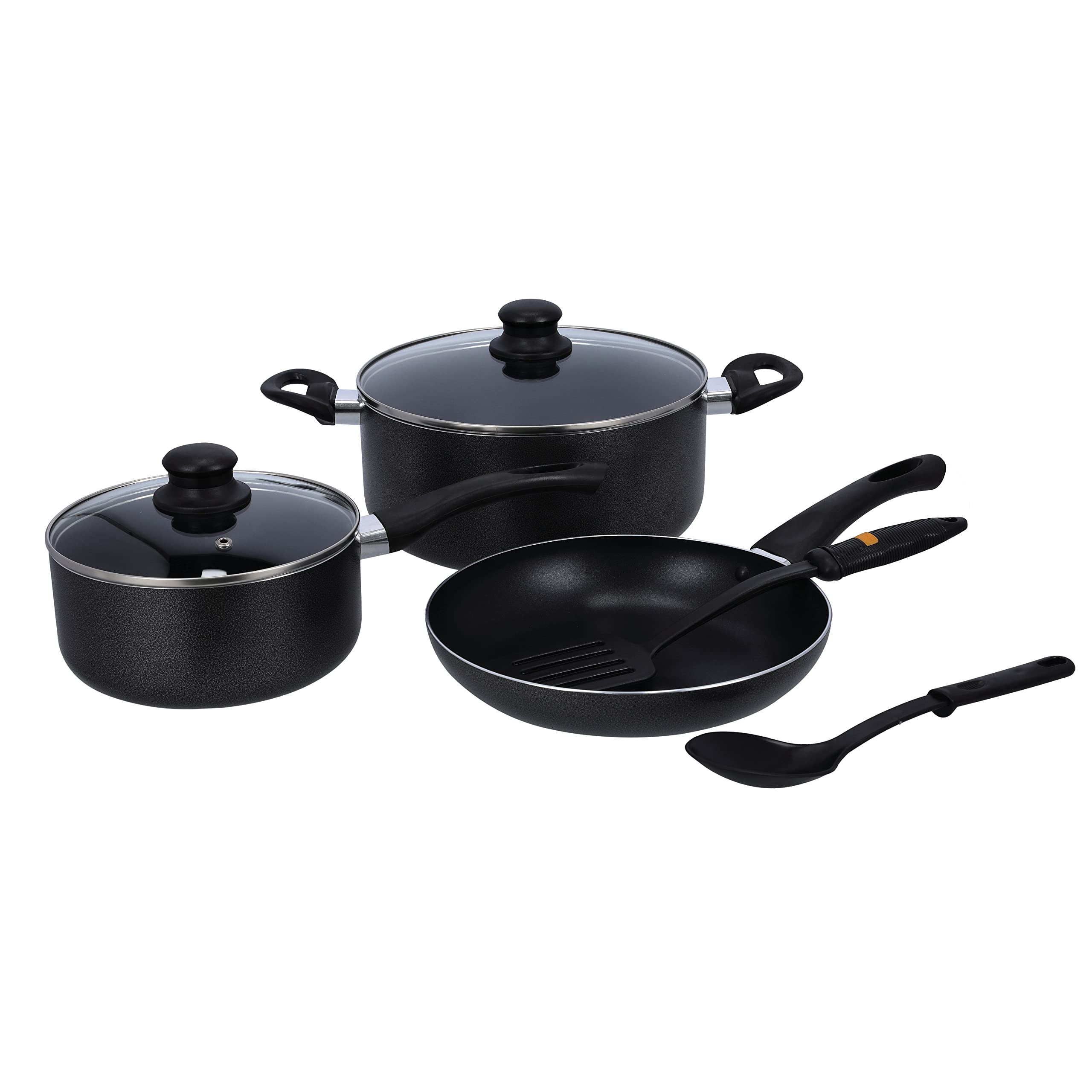 Royalford 7 Pieces Aluminium Cookware Set, Black, Rf8948, Scratch Resistant, Tempered Glass Lids, 2.5MM Body Thickness, Bakelite Knobs, and CD Bottom